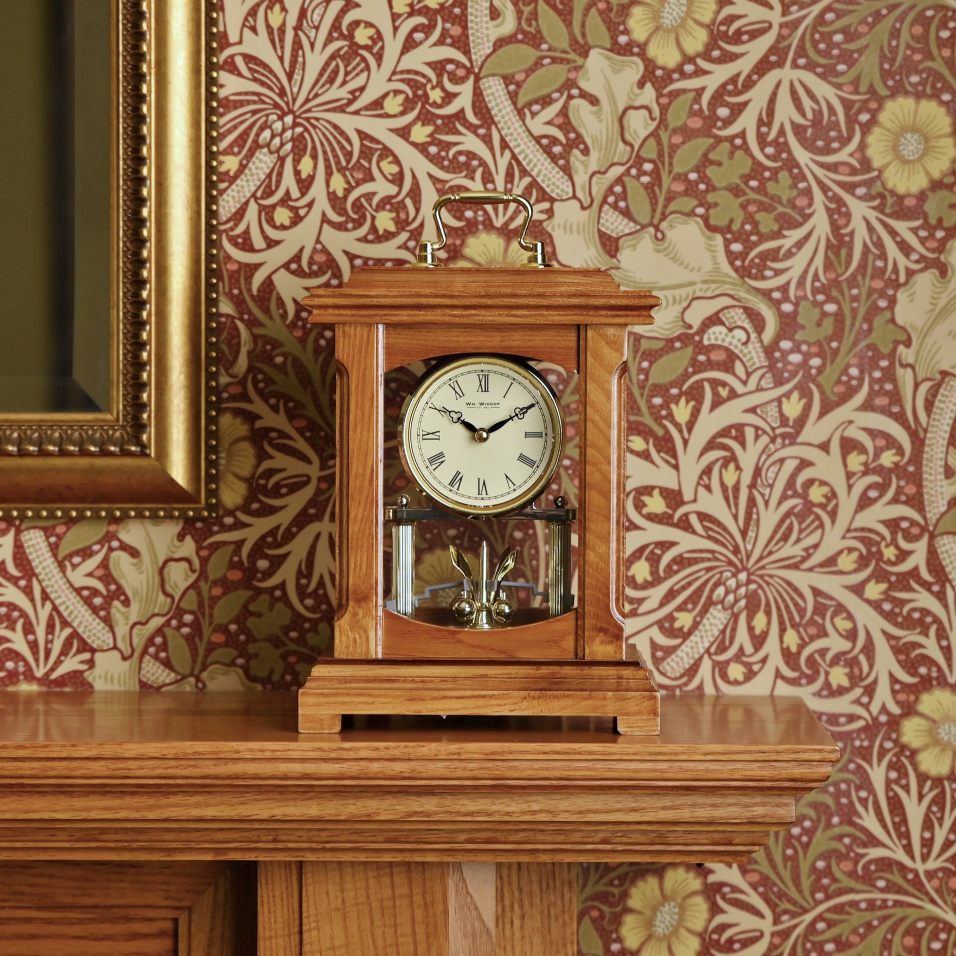 WM. Widdop Solid Wood Mantel Clock With Handle - Rotating Pendulum