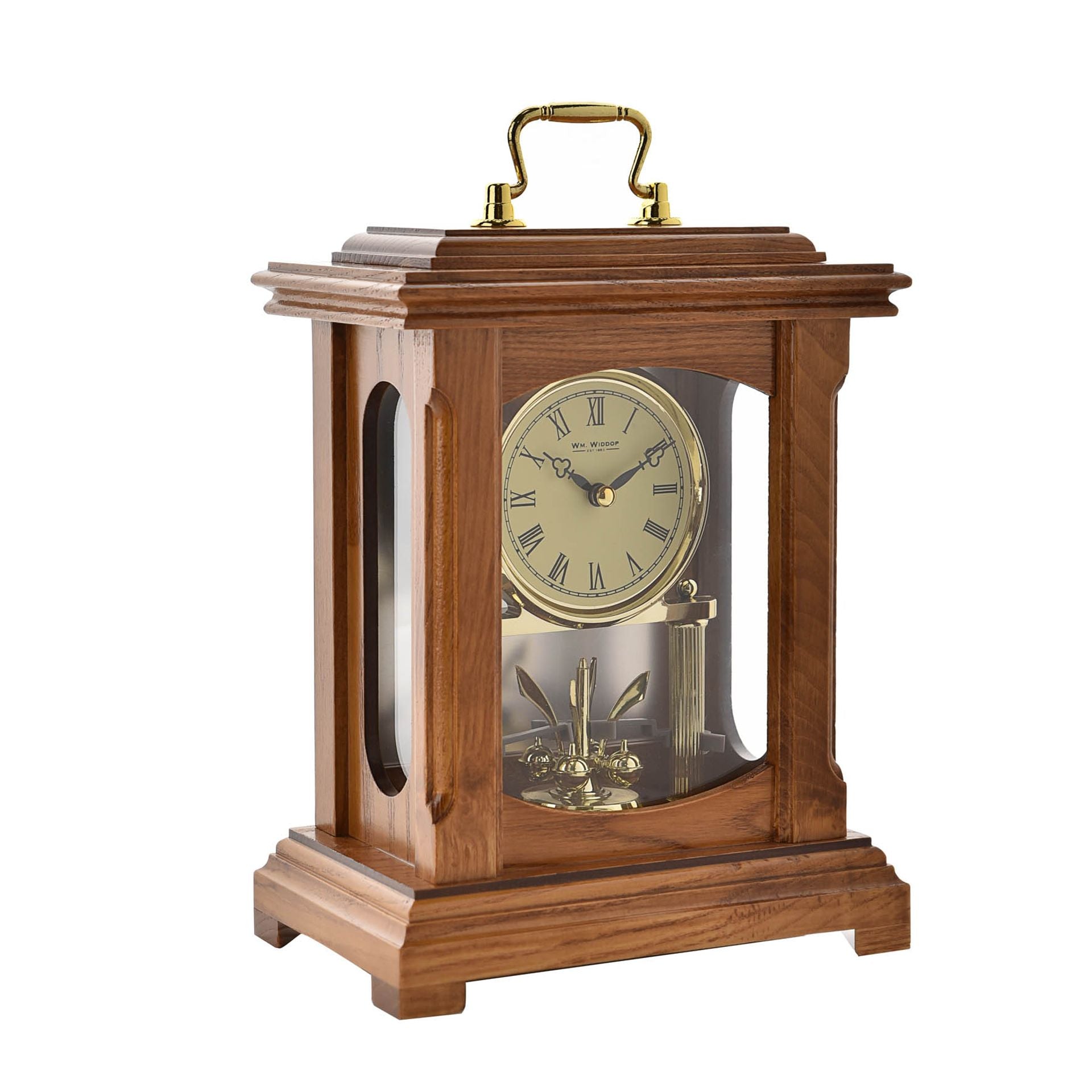 WM. Widdop Solid Wood Mantel Clock With Handle - Rotating Pendulum