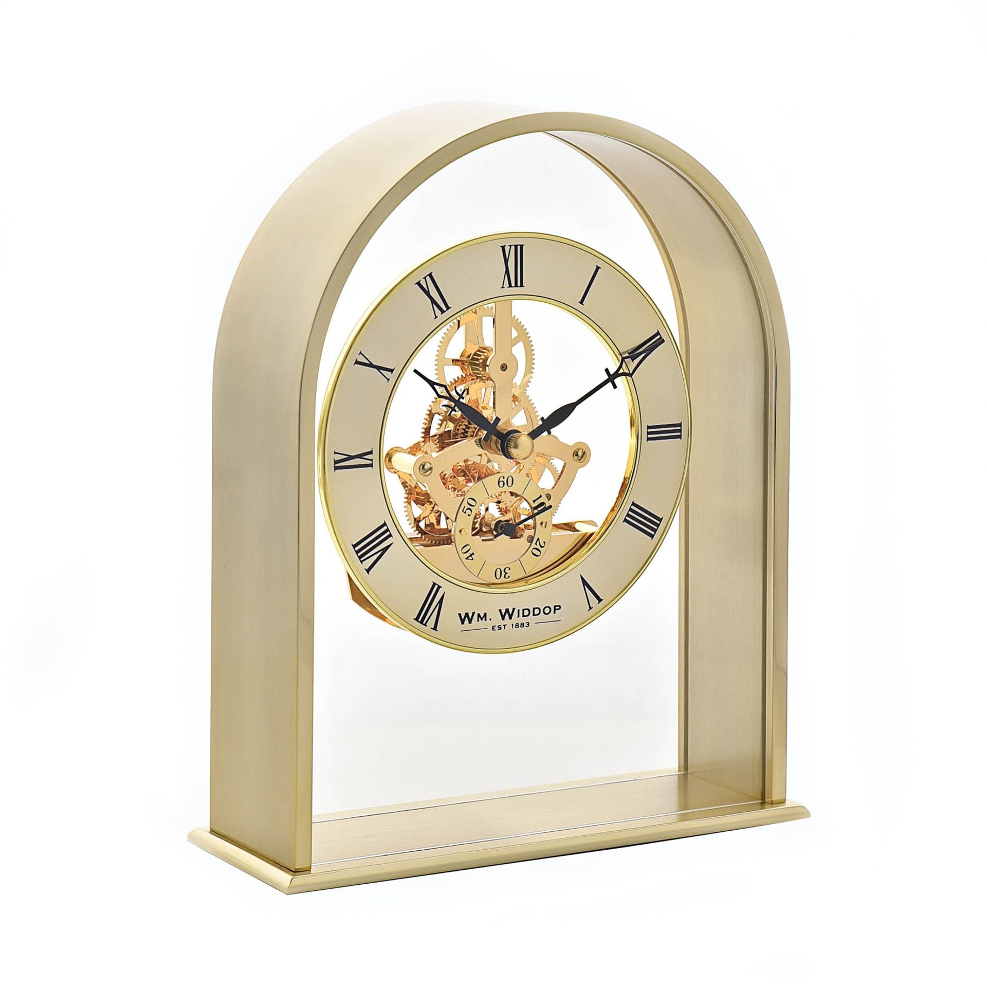 WM. Widdop Gold Arch Mantel Clock with Skeleton Movement