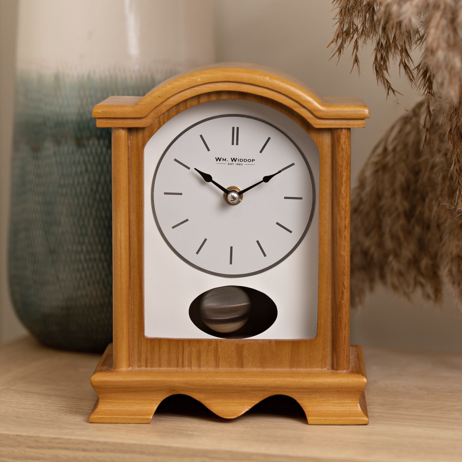 WM. Widdop Broken Arch Oak Finish Wooden Mantel Clock with Pendulum
