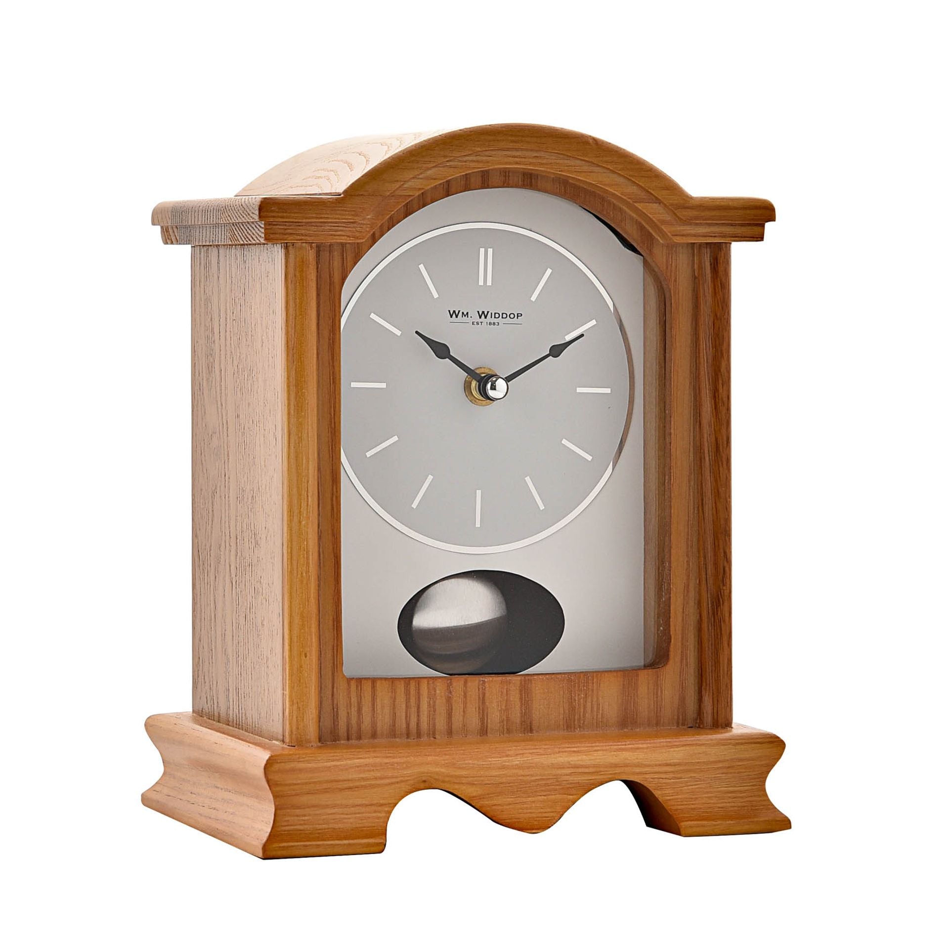 WM. Widdop Broken Arch Oak Finish Wooden Mantel Clock with Pendulum