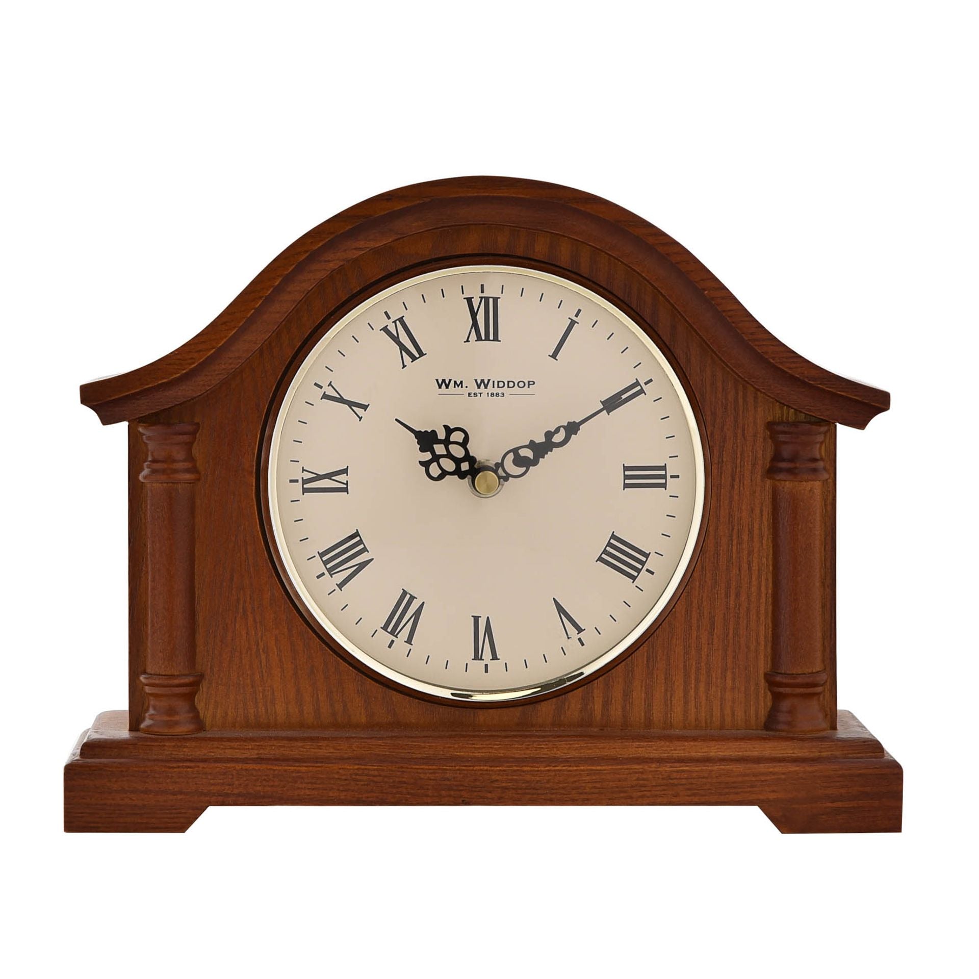 WM. Widdop Broken Arch Walnut Mantel Clock with Roman Numerals