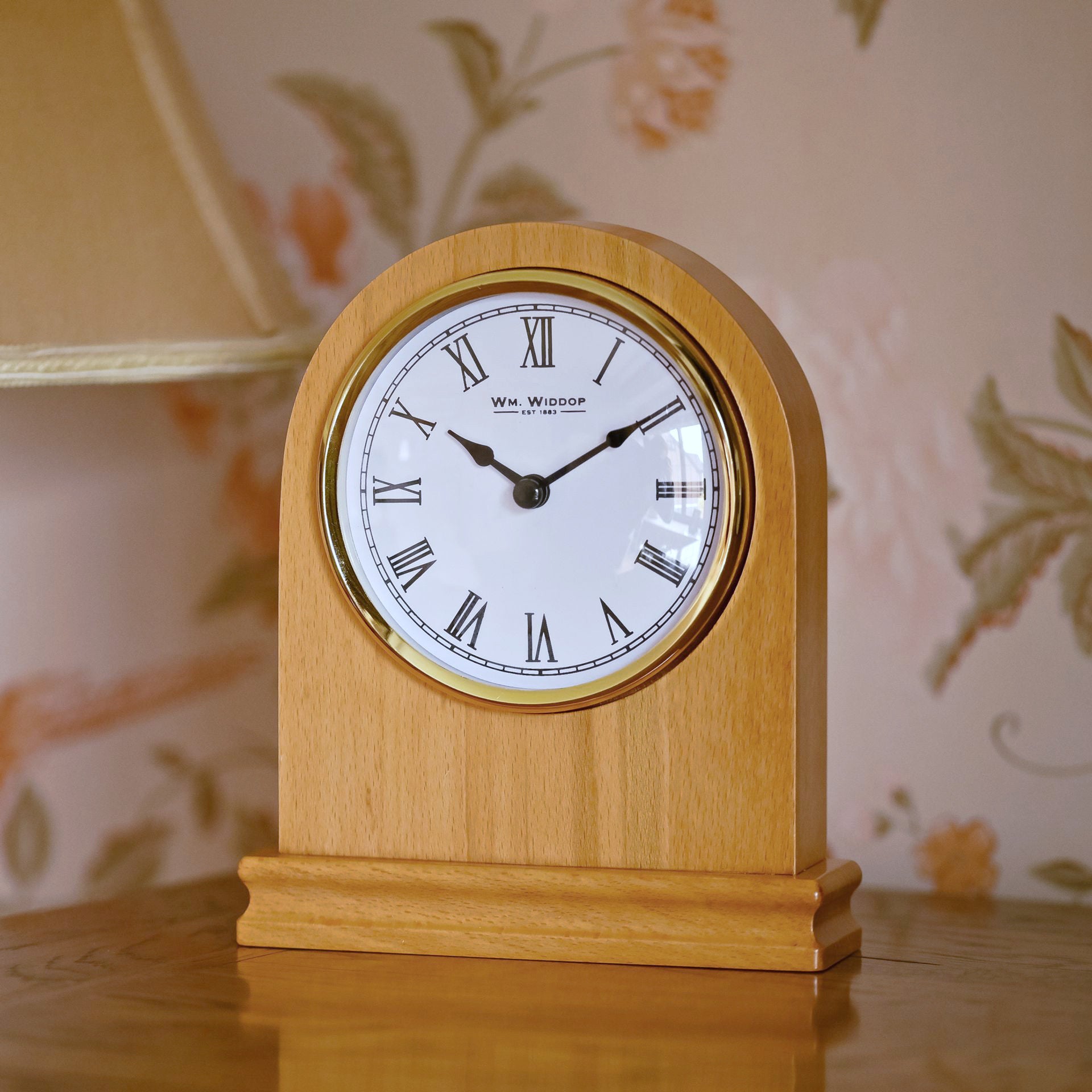 WM. Widdop Arched Light Wood Mantel Clock