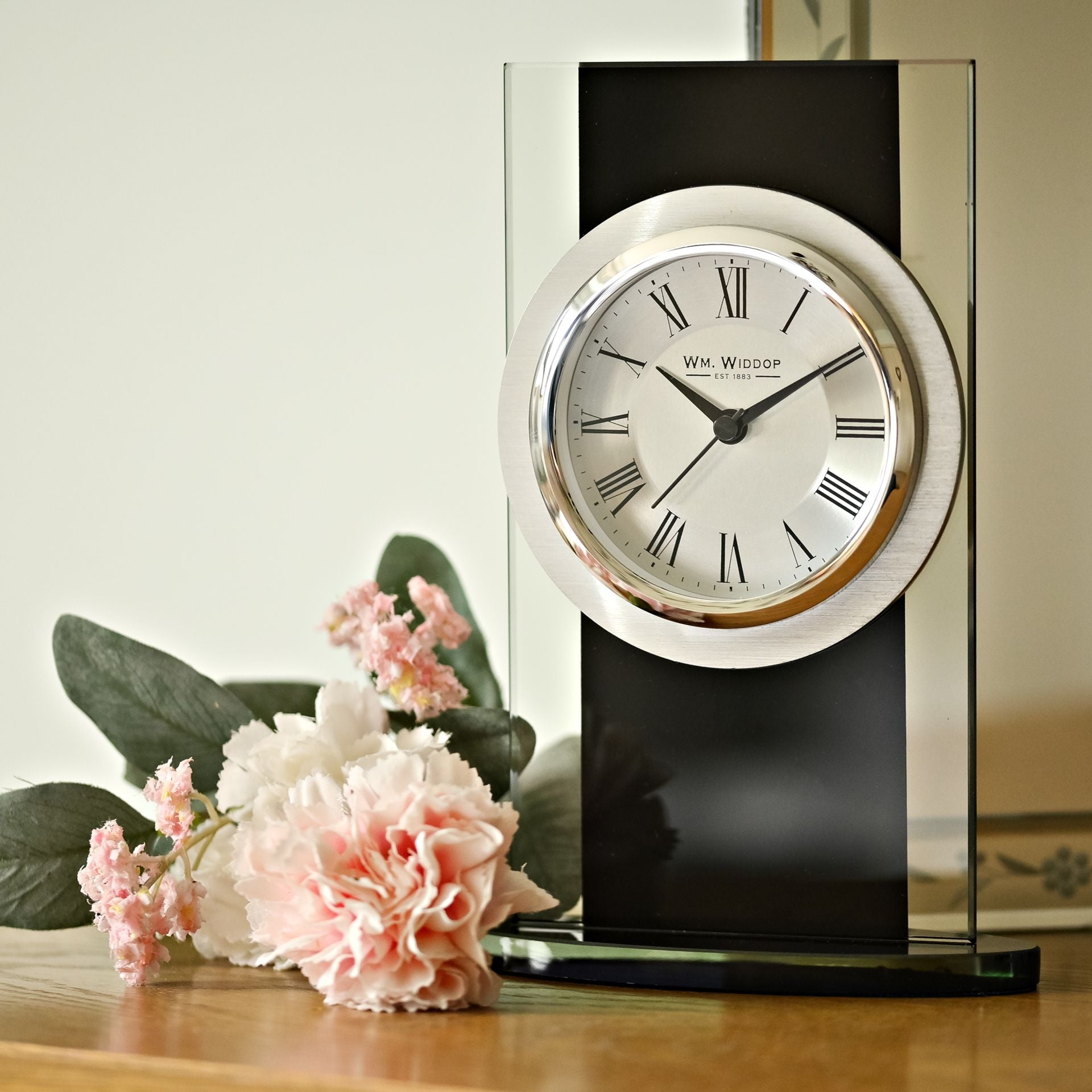 WM. Widdop Black & Clear Glass Mantel Clock
