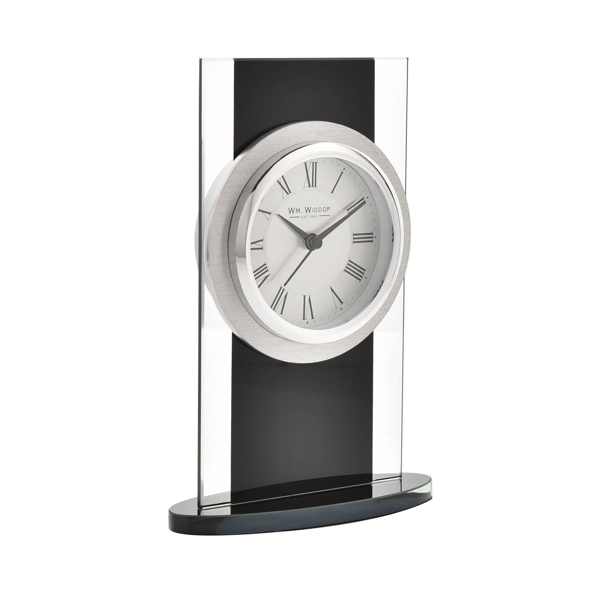WM. Widdop Black & Clear Glass Mantel Clock
