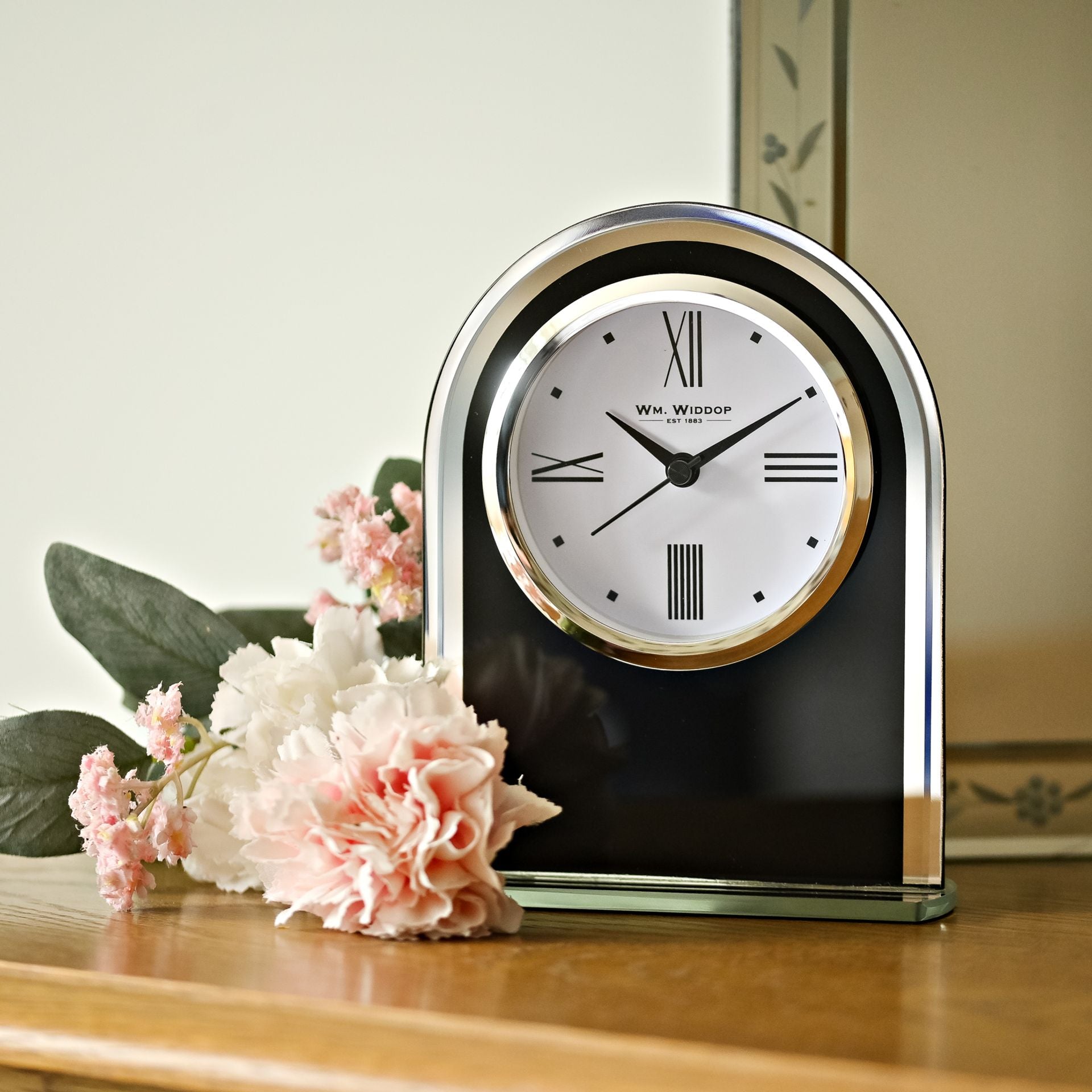 WM. Widdop Black & Clear Arched Mantel Clock