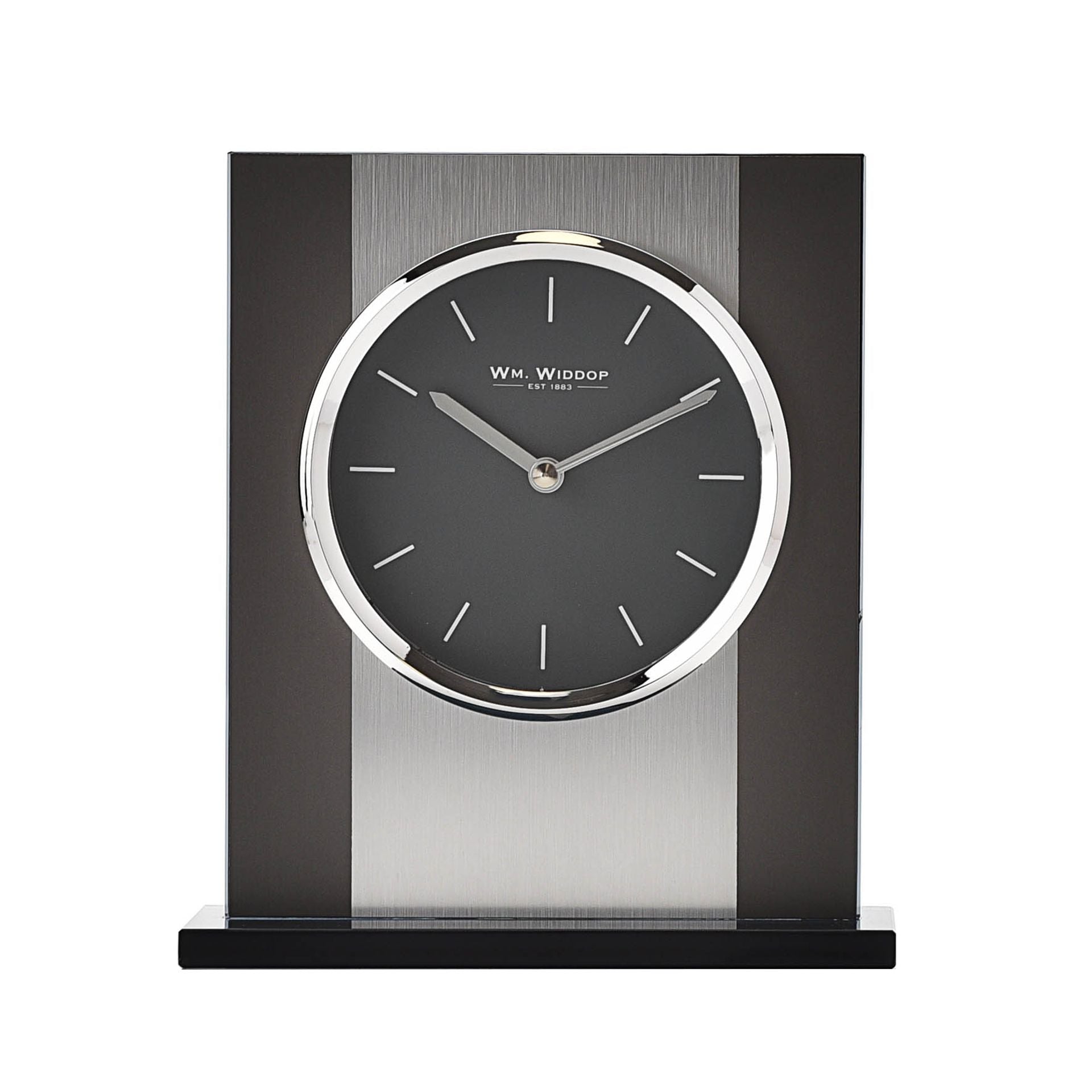 WM. Widdop Black Glass and Brushed Aluminium Mantel Clock