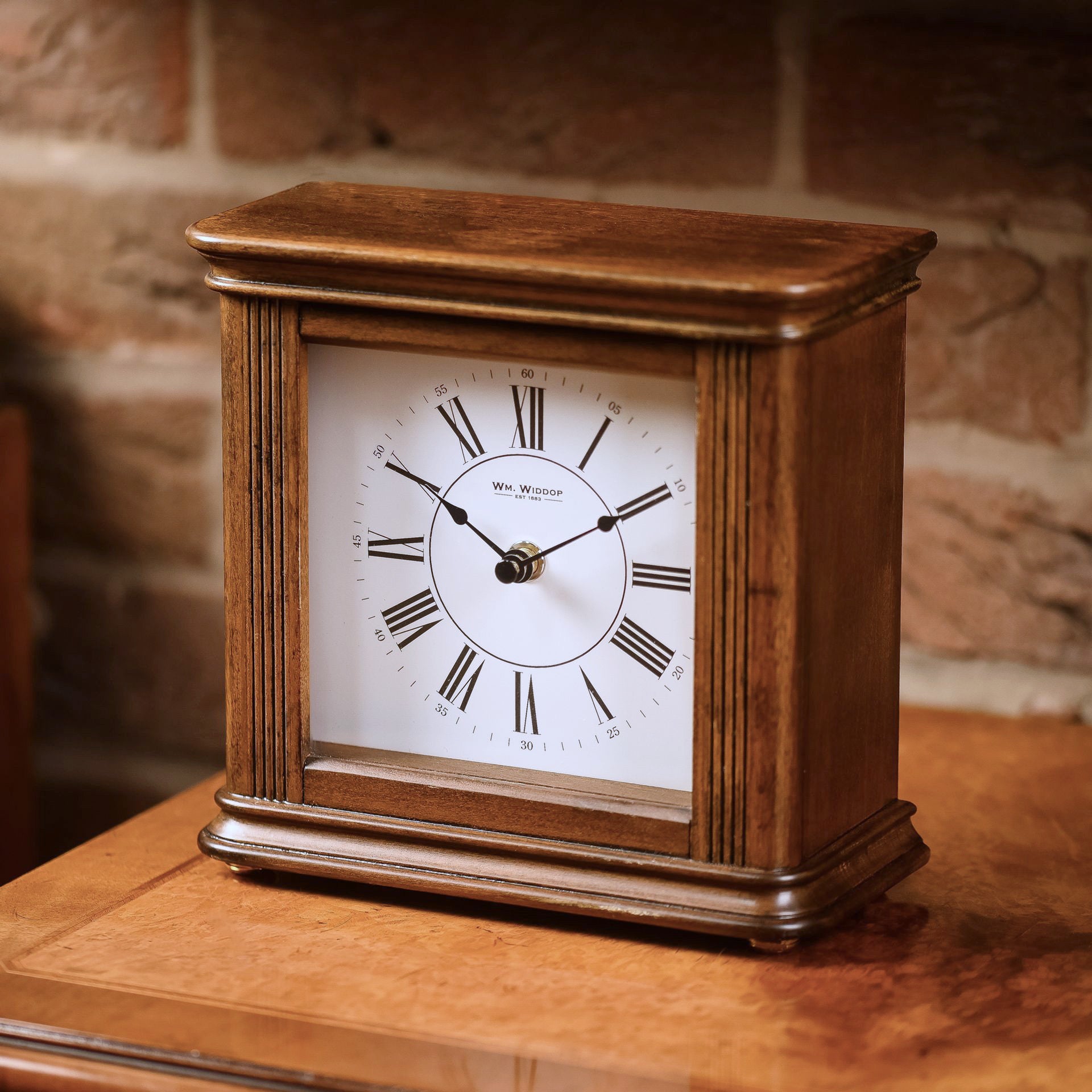 WM. Widdop Walnut Finish Mantel Clock - Westminster Chime