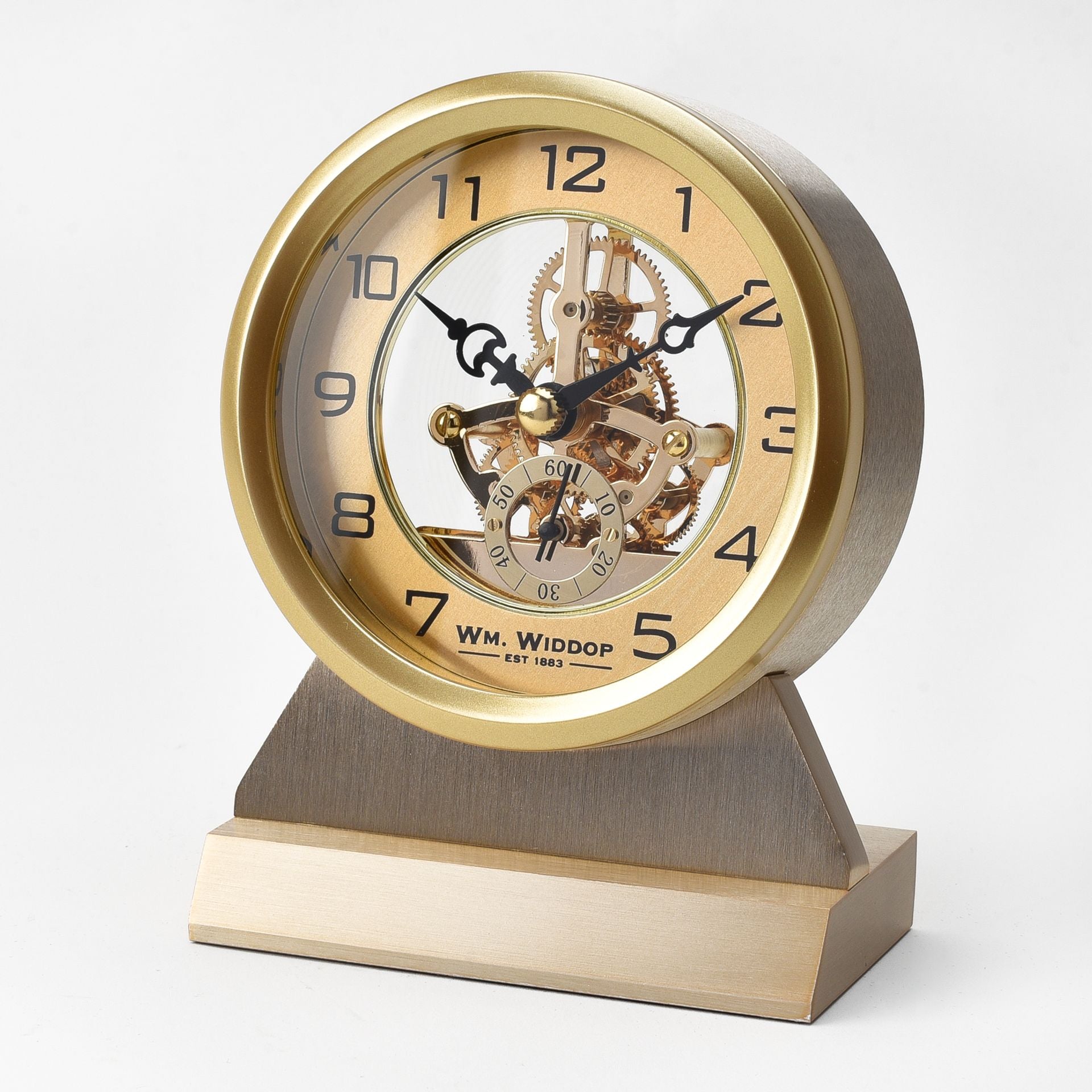 WM. Widdop Gold Aluminium Skeleton Mantel Clock