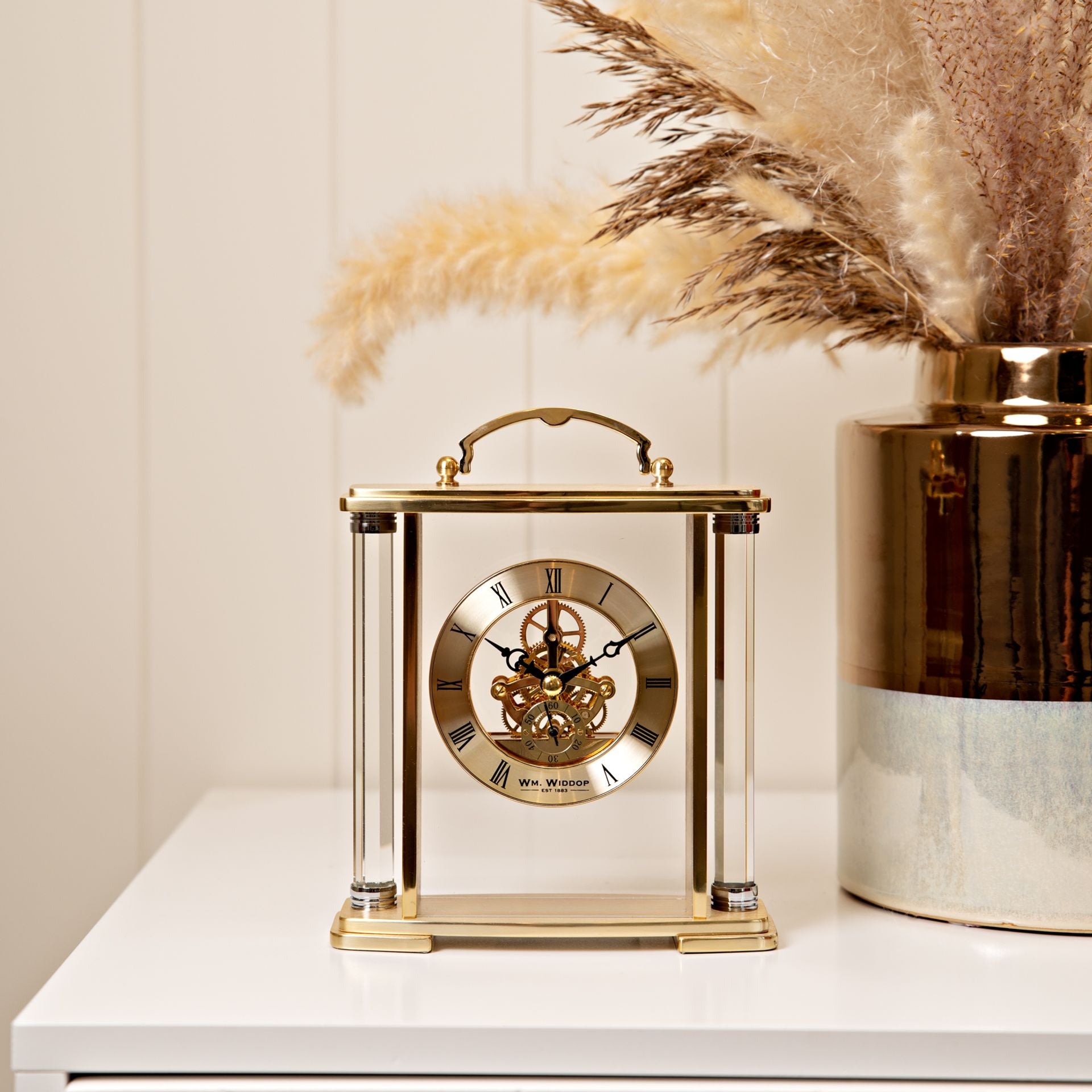WM. Widdop Glass and Gold Aluminium Carriage Clock
