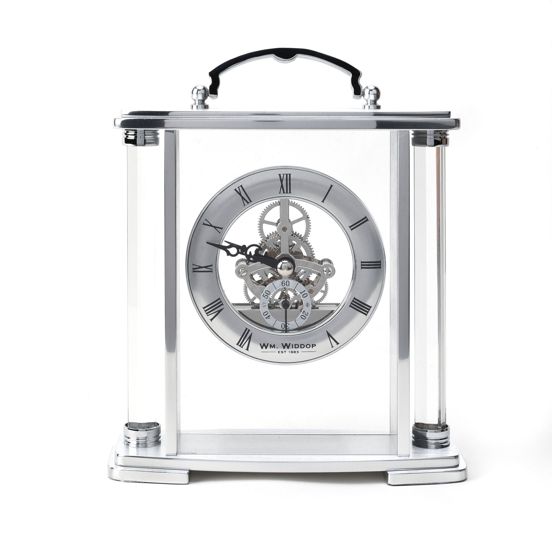 WM. Widdop Glass and Silver Aluminium Carriage Clock
