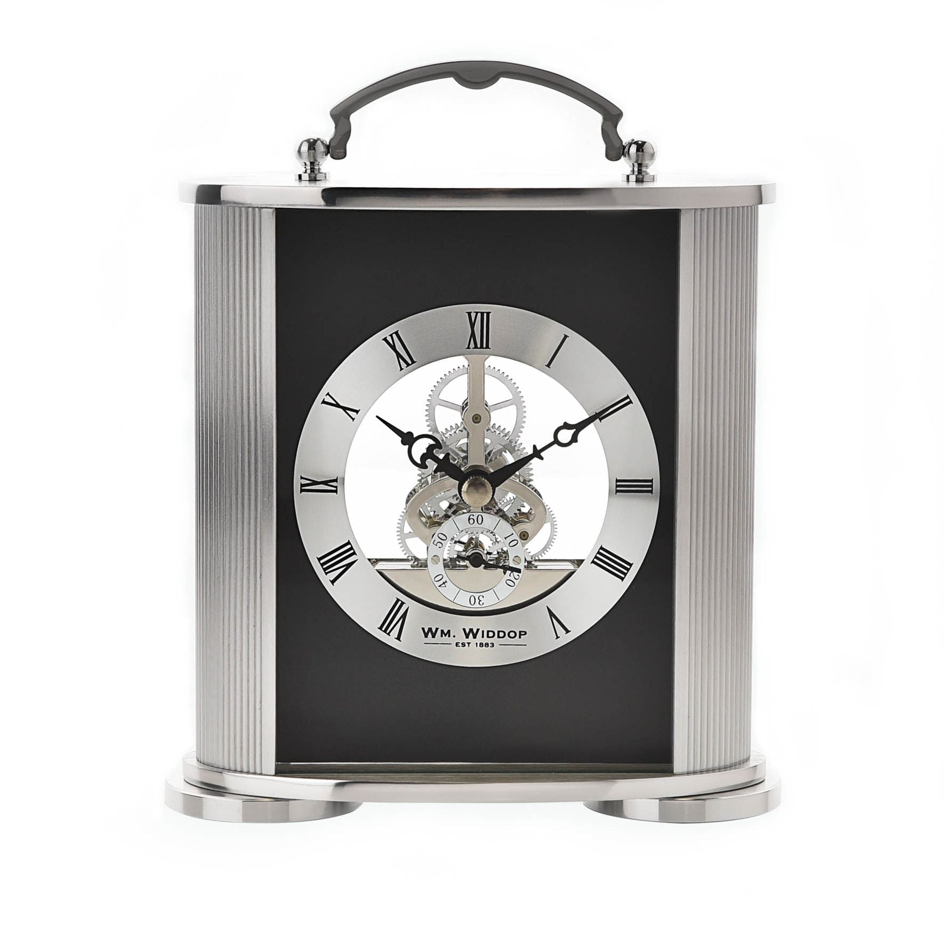 WM. Widdop Brushed Silver and Black Aluminium Carriage Clock