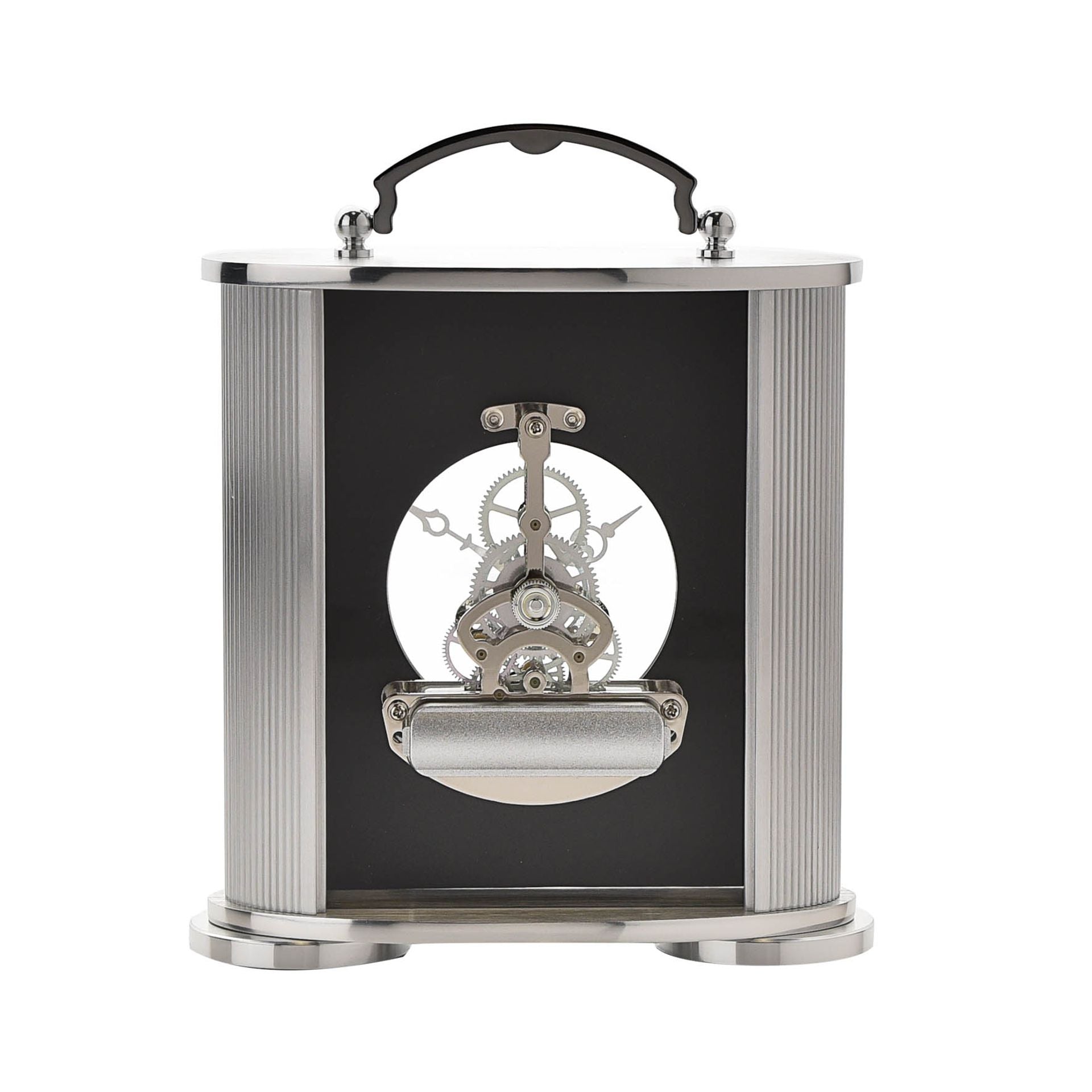 WM. Widdop Brushed Silver and Black Aluminium Carriage Clock