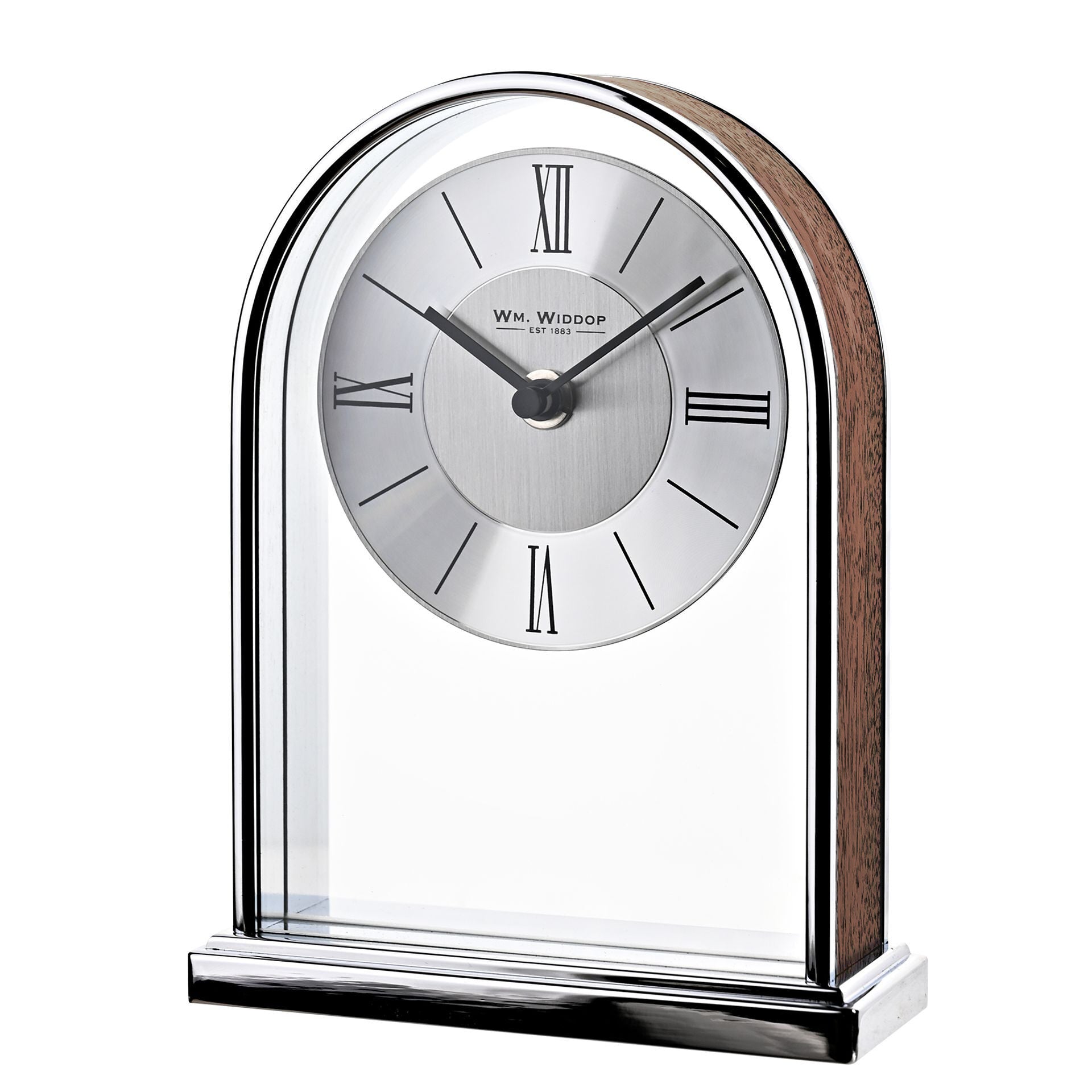 Wm. Widdop Chrome and Wood Veneer Mantel Clock
