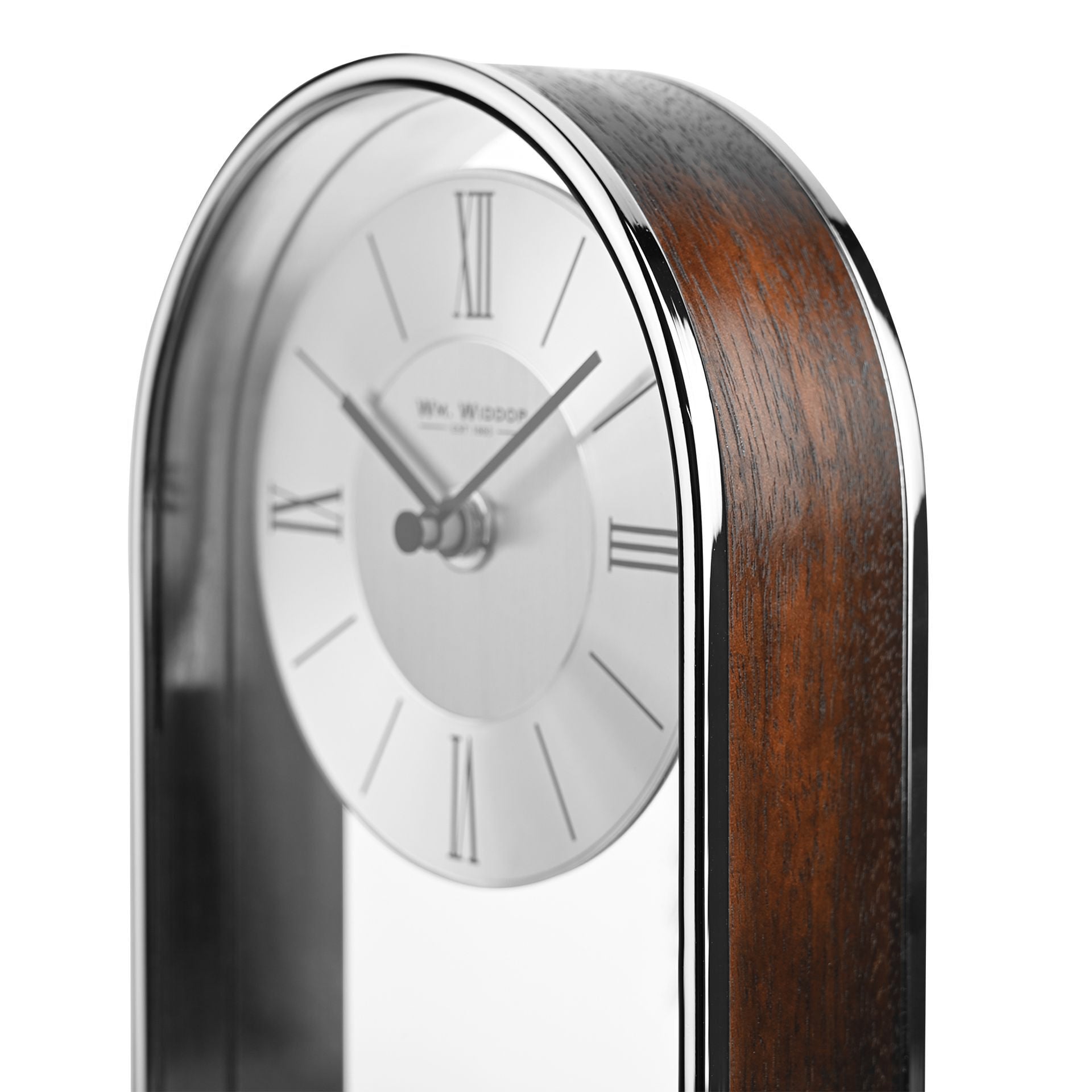 Wm. Widdop Chrome and Wood Veneer Mantel Clock