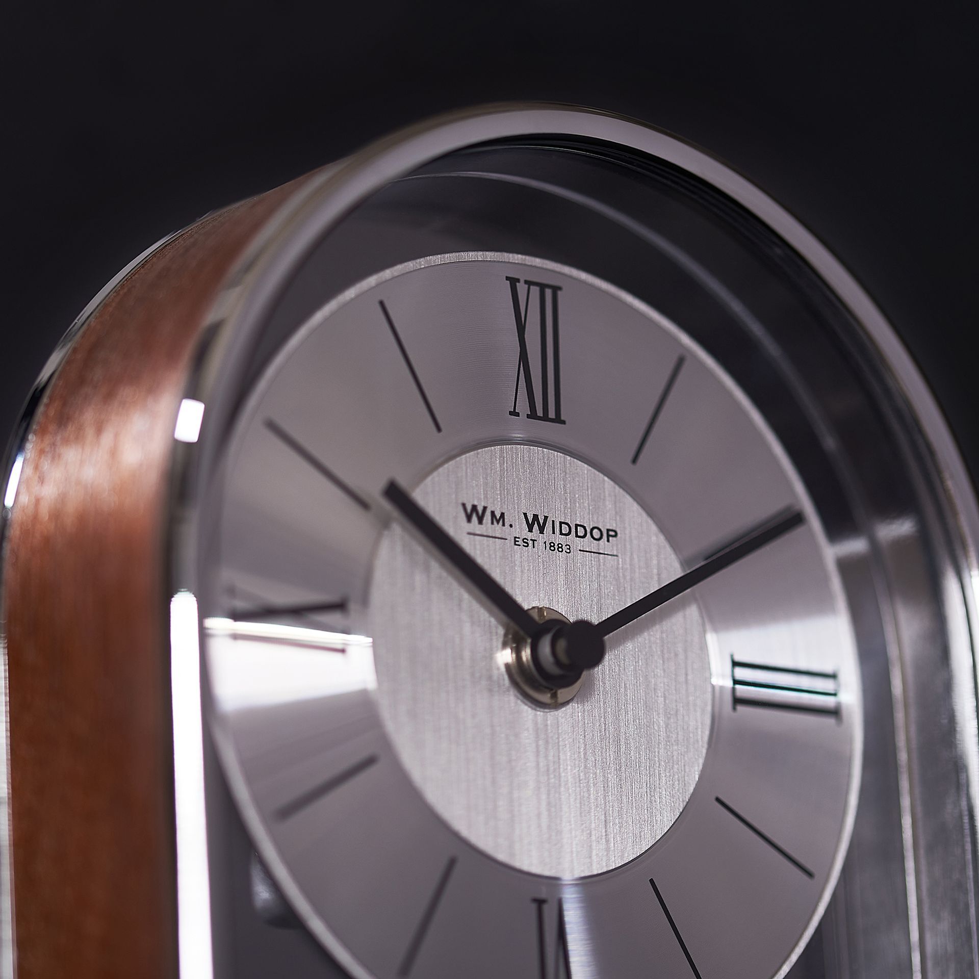 Wm. Widdop Chrome and Wood Veneer Mantel Clock