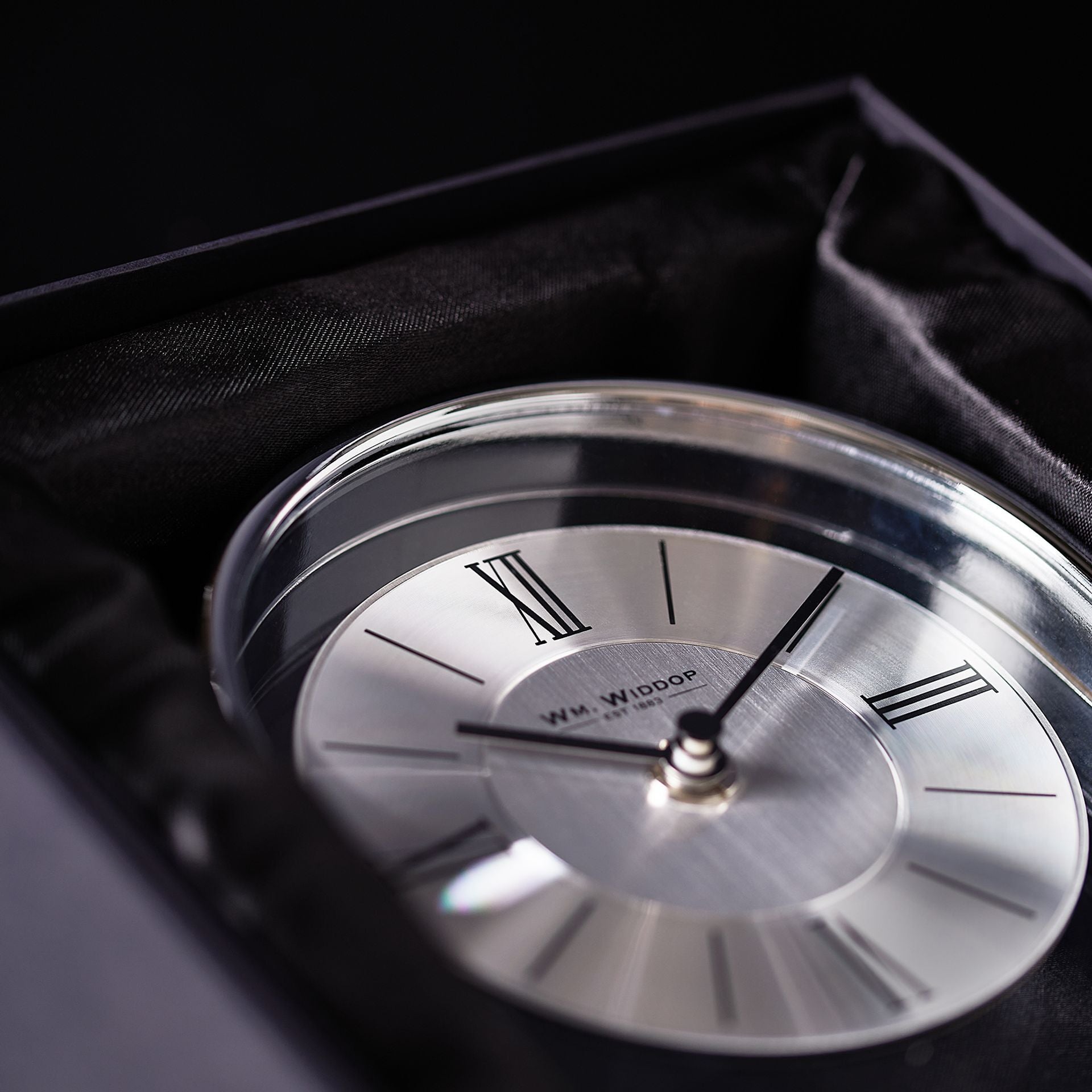 Wm. Widdop Chrome and Wood Veneer Mantel Clock