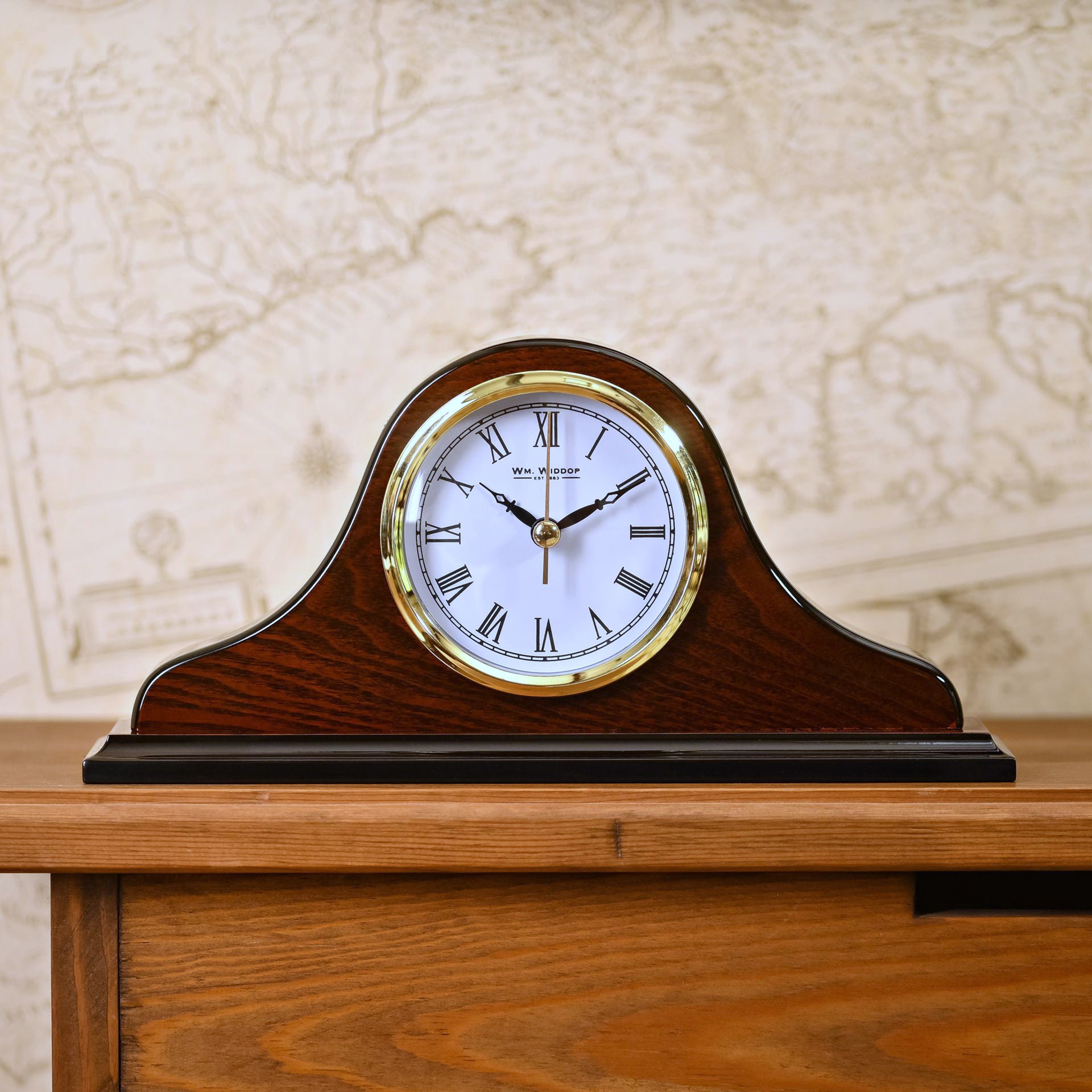 WM. Widdop Polished Wooden Napoleon Shaped Mantel Clock