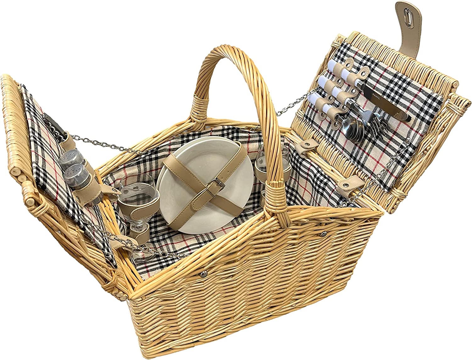 Deluxe Wicker Natural Check Lining 2 Person Picnic Basket