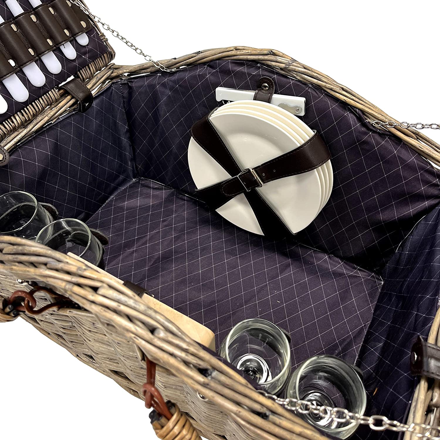 Deluxe Wicker Navy Diamond Lining 4 Person Picnic Basket