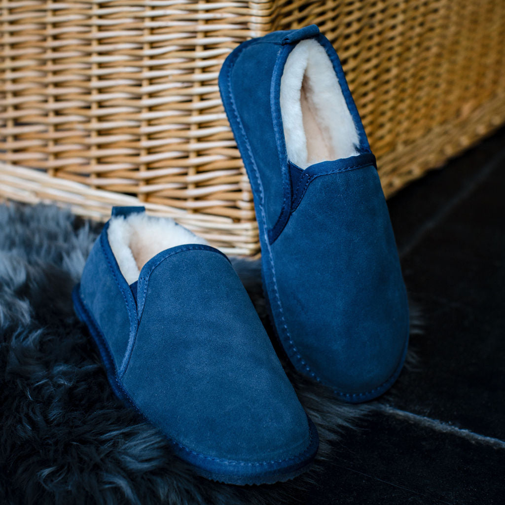 Deluxe Mens 'Avi' Sheepskin Slippers with Hard Sole Navy