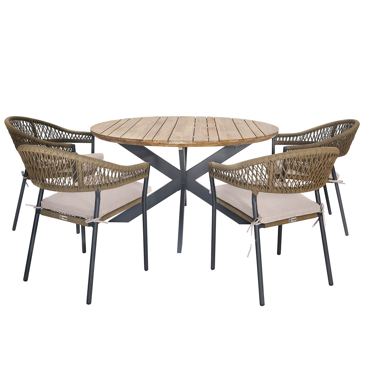Bali Rope Weave 4 Seat Round Fixed Fabric Dining Set