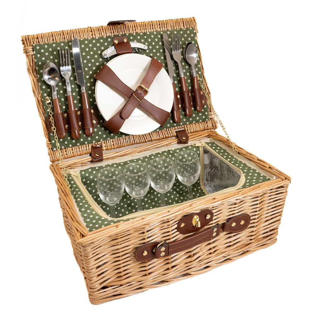 Deluxe Wicker Fern Green Polka Dot 4 Person Picnic Basket