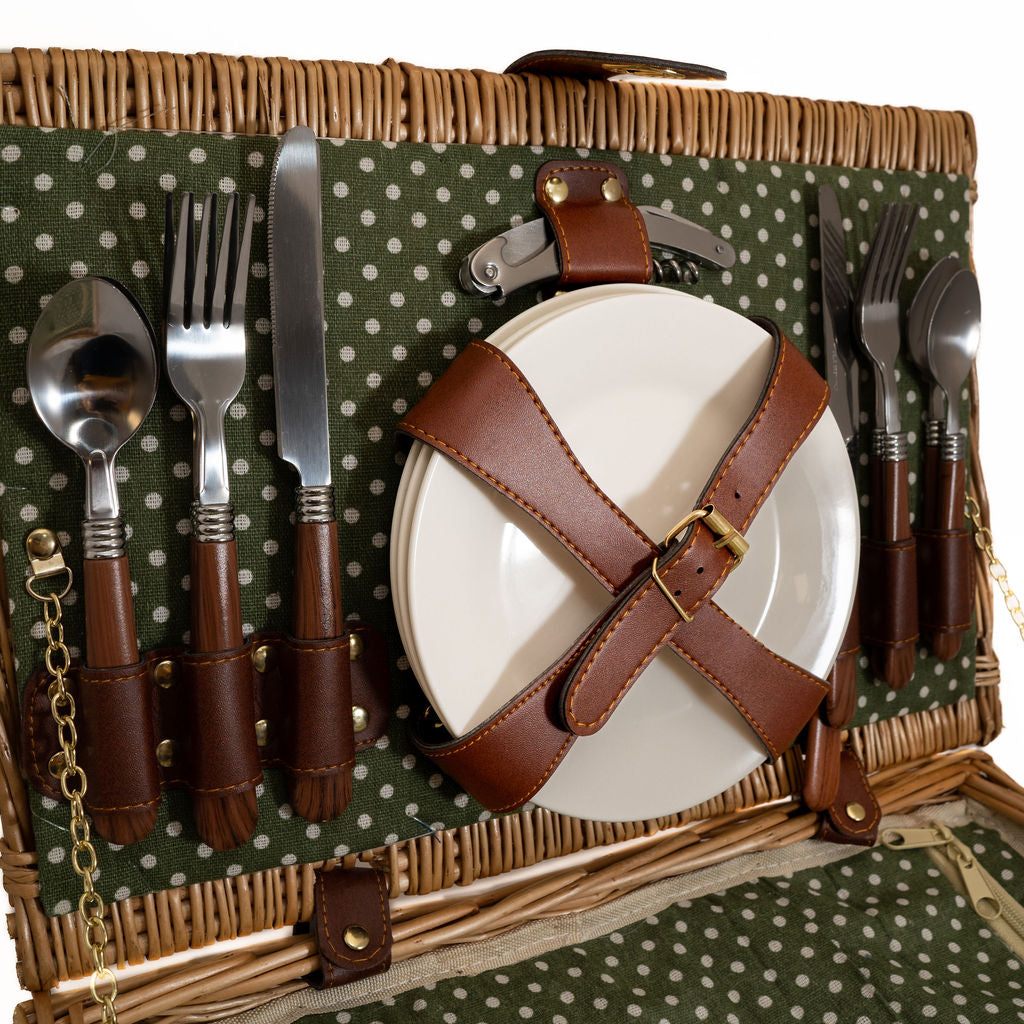 Deluxe Wicker Fern Green Polka Dot 4 Person Picnic Basket