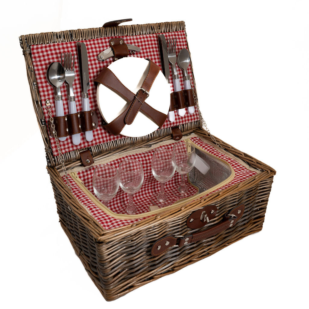 Deluxe Wicker Red Gingham 4 Person Picnic Basket