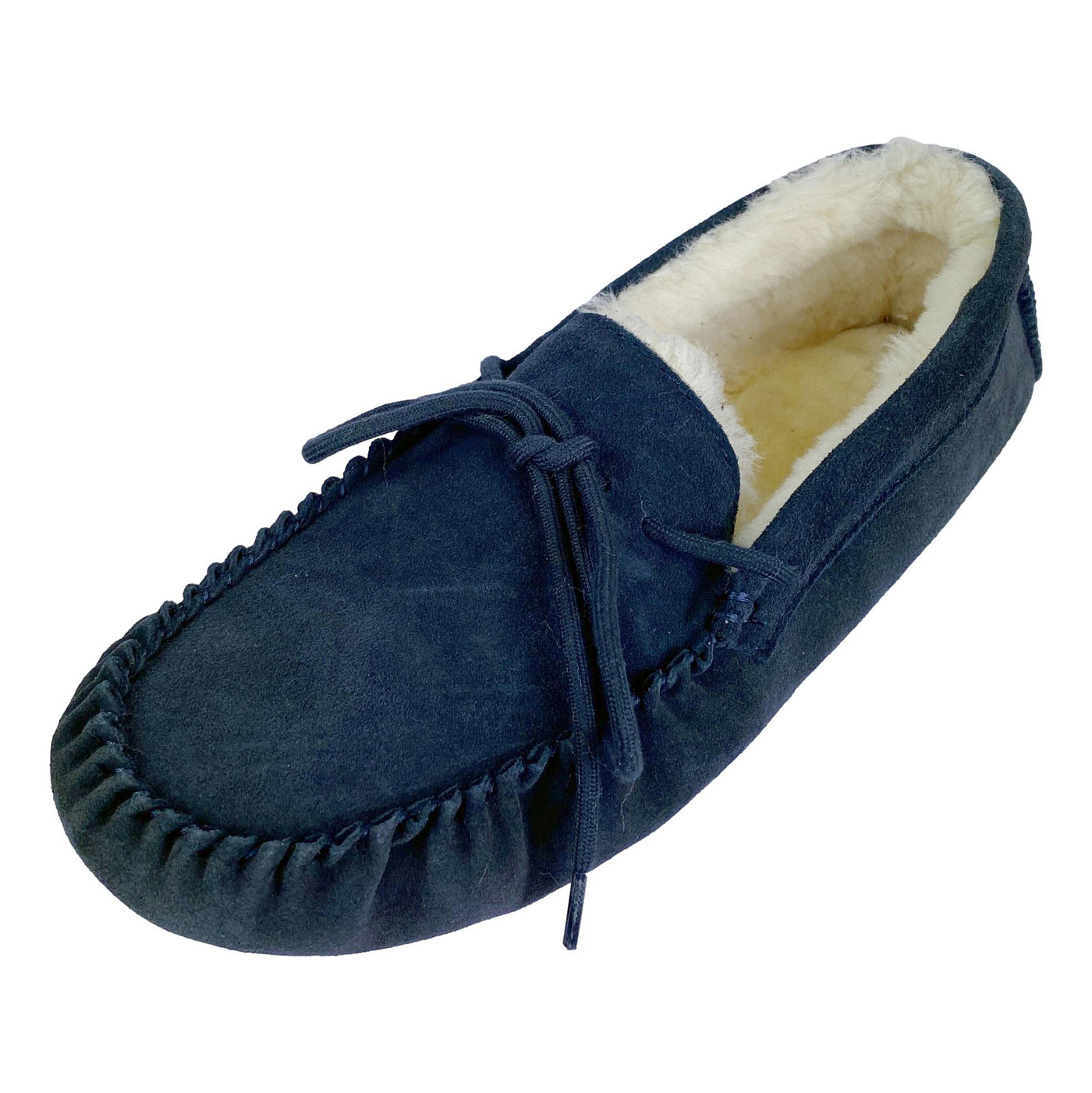 Deluxe Mens 'Leo' Lambswool Moccasin Slippers with Hard Sole - Navy