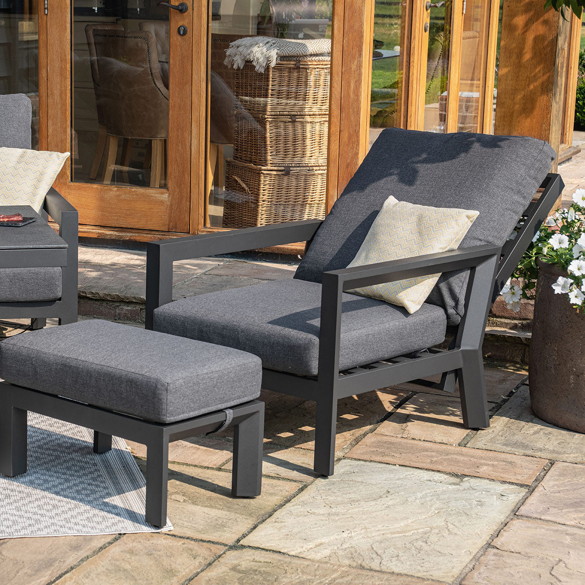 Manhattan Fabric Reclining 3 Seat Sofa Set with Fire Pit Table & Footstools
