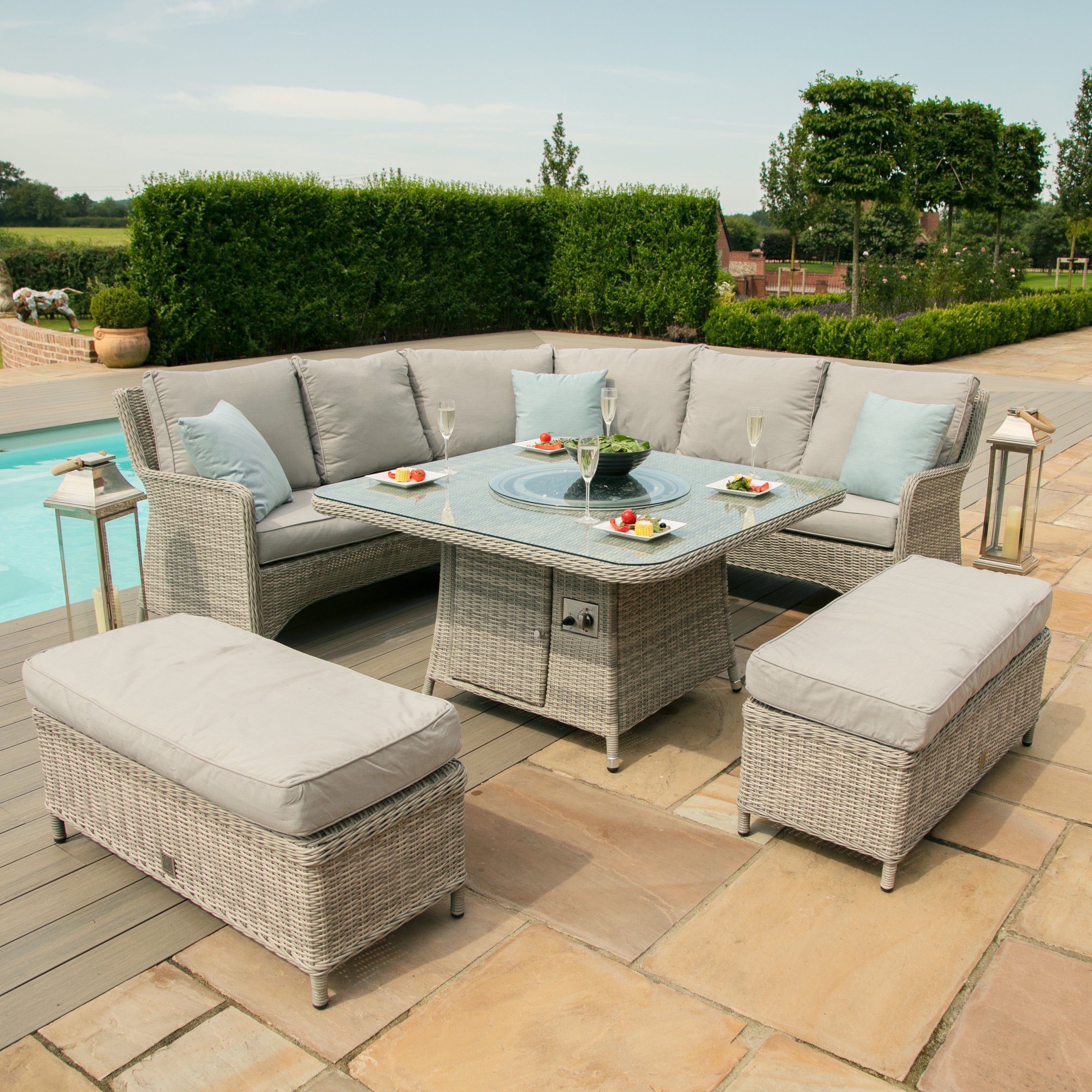 Oxford Rattan Royal Corner Sofa Dining Set with Fire Pit