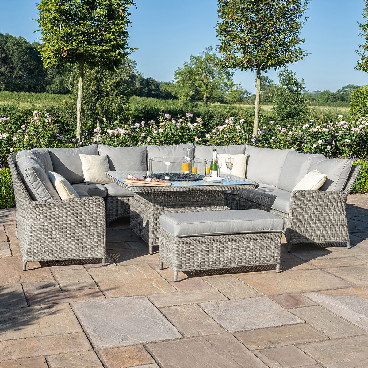 Oxford Rattan Royal U Shaped Sofa Set with Fire Pit Table