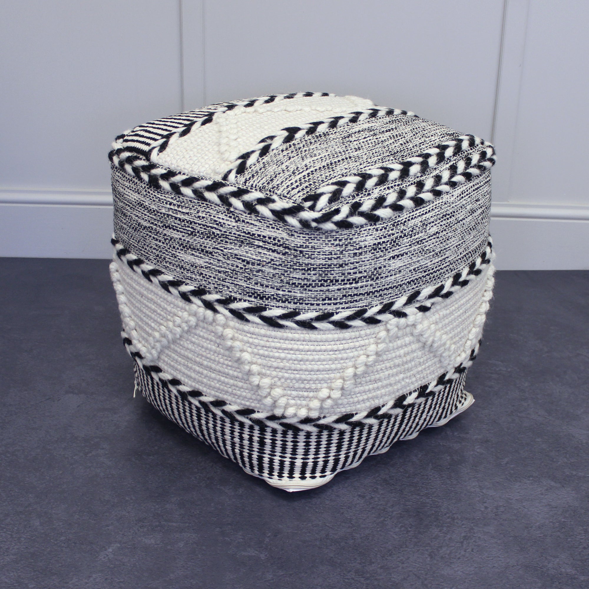 Ivory & Charcoal Textured 'Pitre' Pouffe