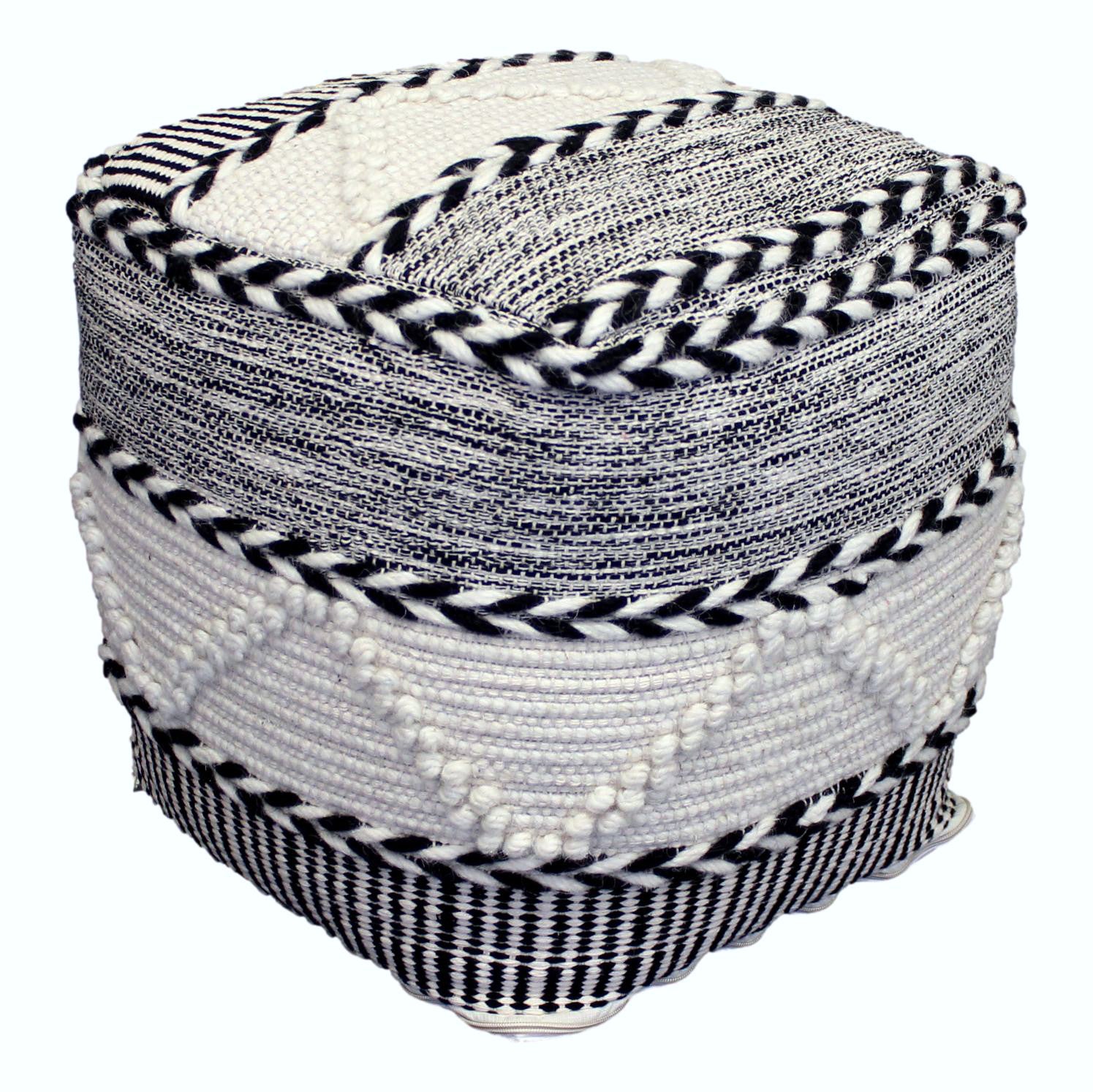 Ivory & Charcoal Textured 'Pitre' Pouffe
