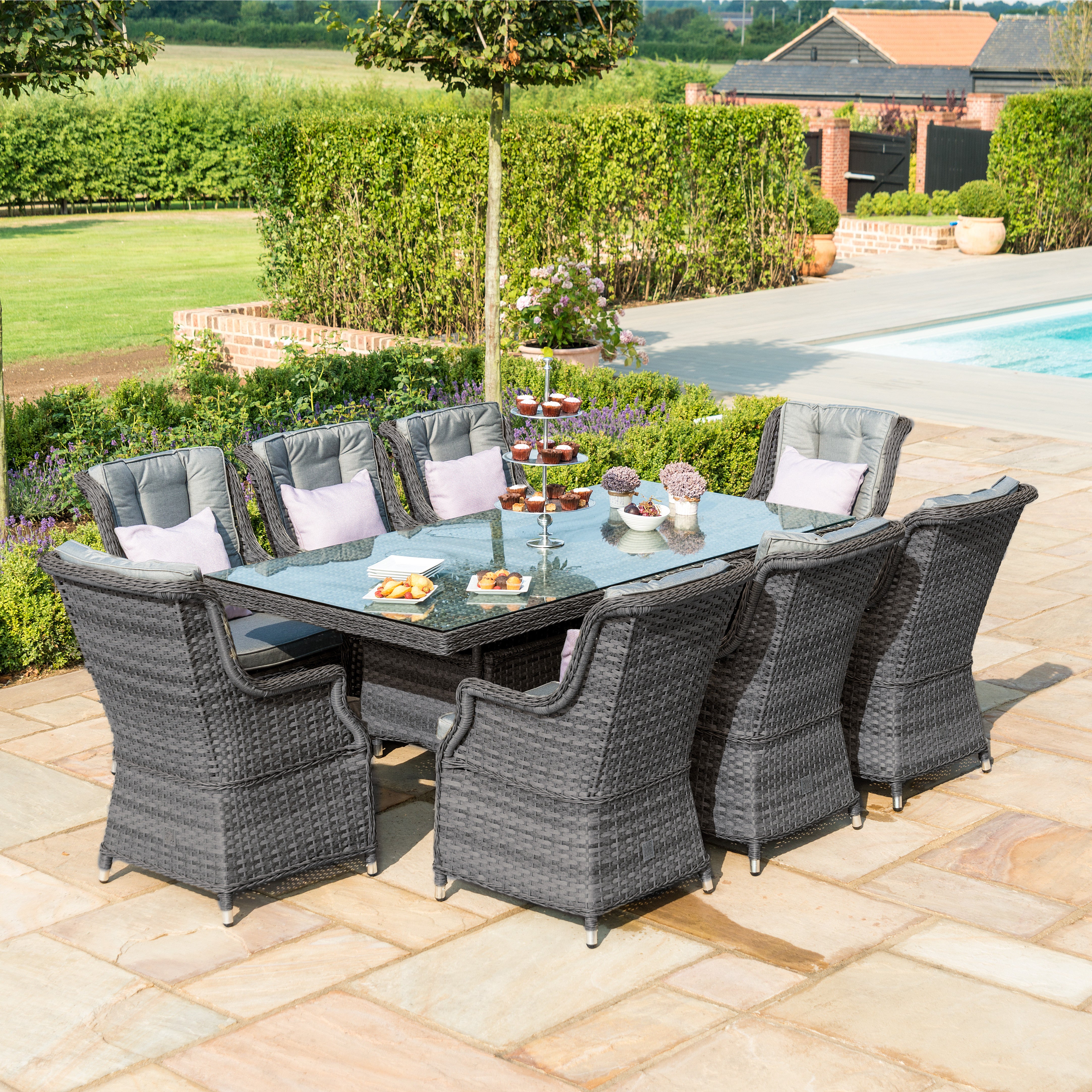 Victoria Rattan 8 Seat Rectangle Dining Set with Square Chairs