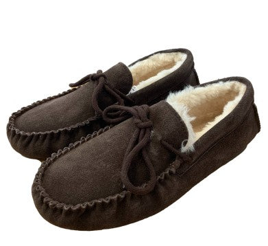 Deluxe Mens 'Leo' Lambswool Moccasin Slippers with Hard Sole - Chocolate