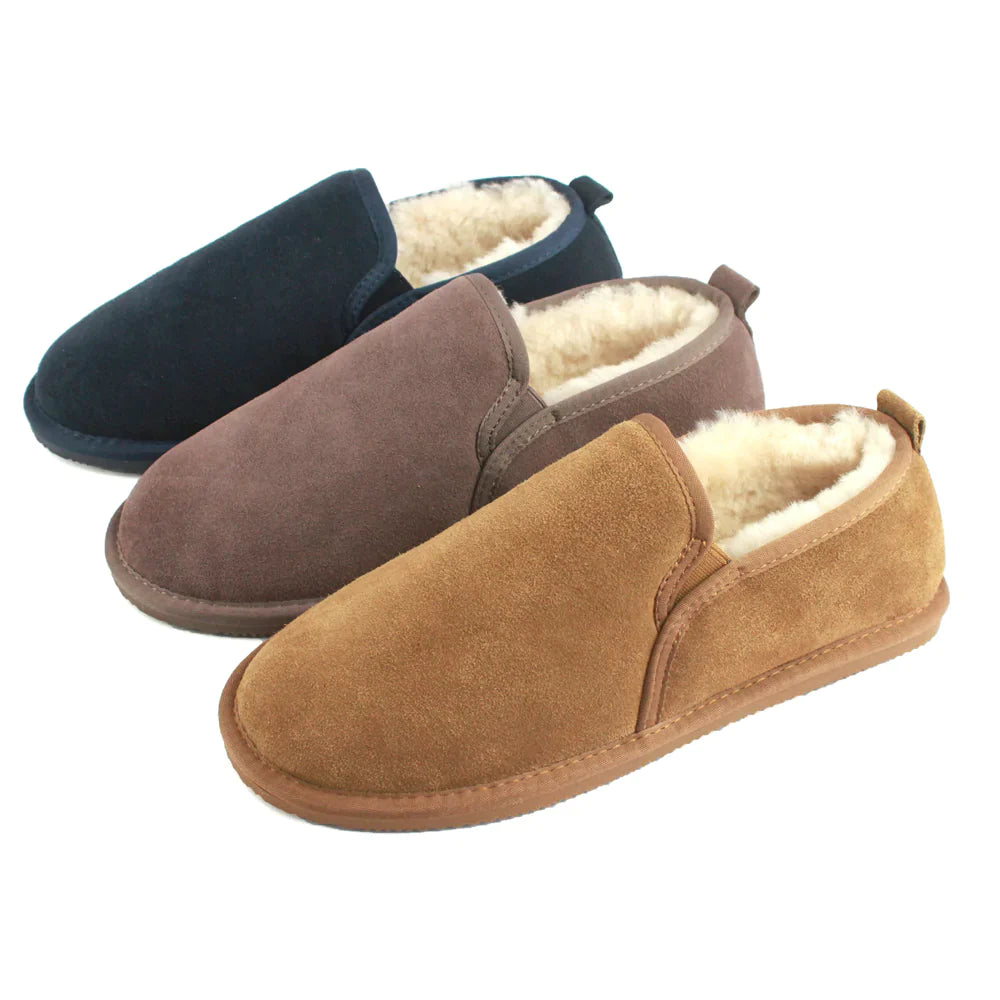 Deluxe Mens 'Avi' Sheepskin Slippers with Hard Sole - Navy