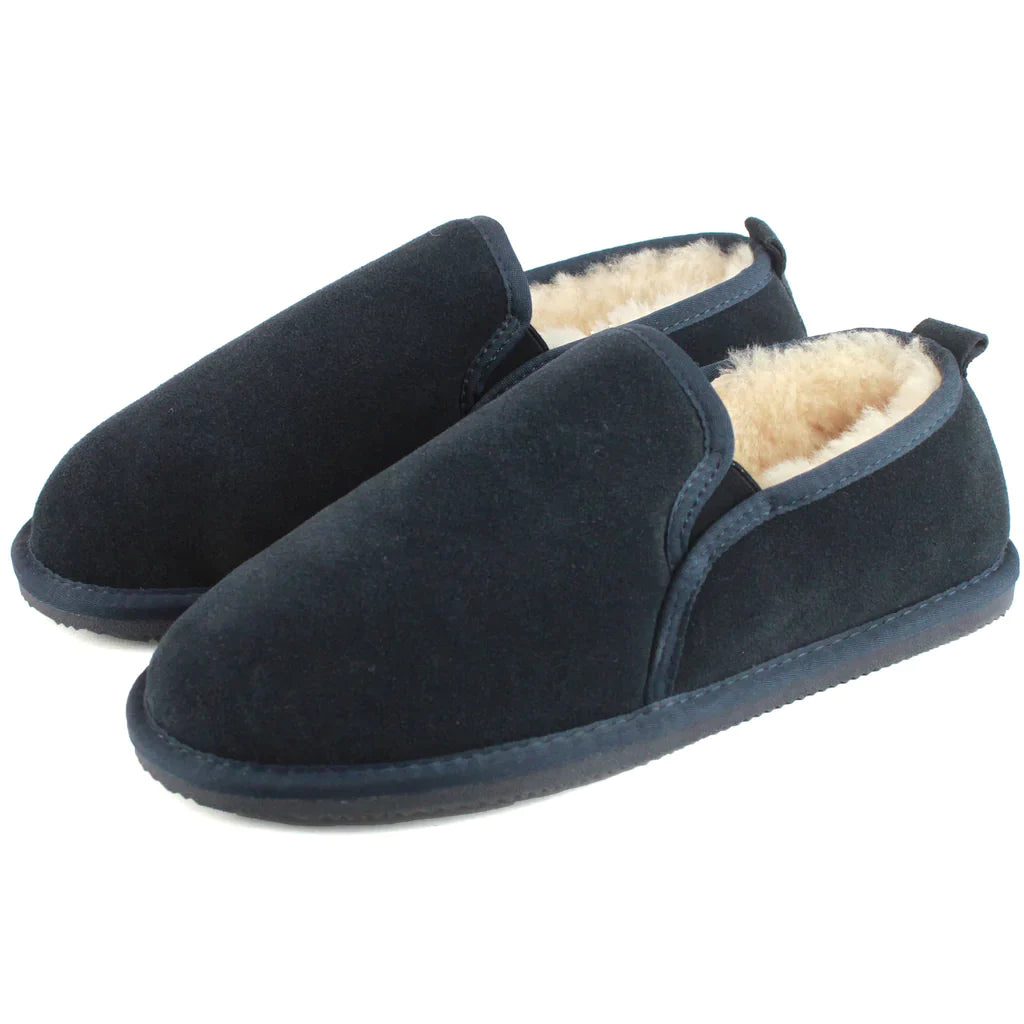 Deluxe Mens 'Avi' Sheepskin Slippers with Hard Sole - Navy