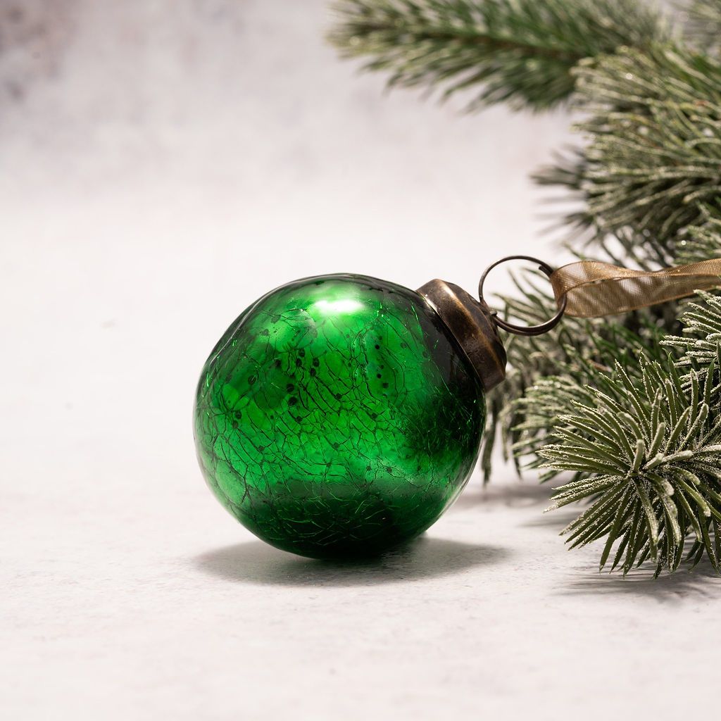 2" Medium Emerald Crackle Glass Christmas Bauble