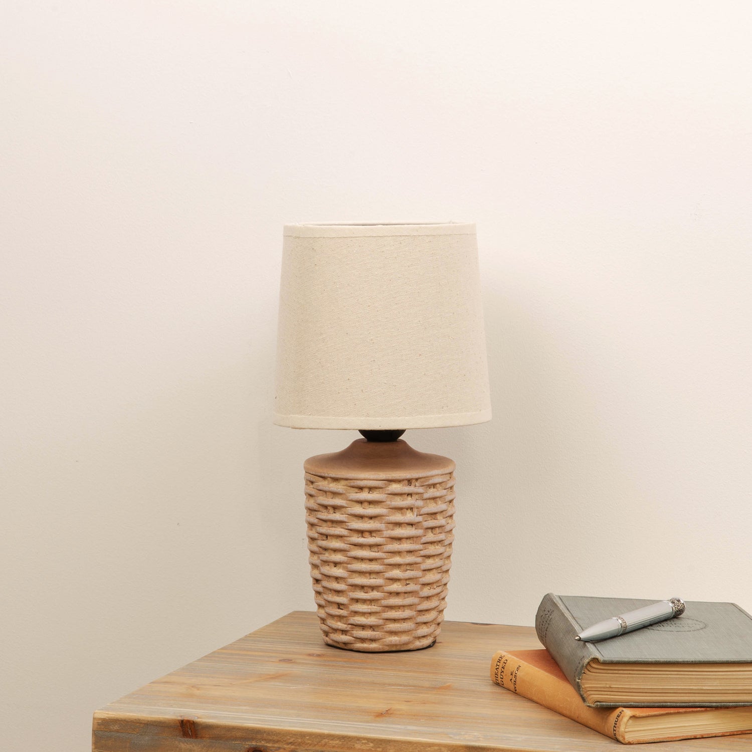 Basket Weave Table Lamp with Beige Linen Shade 30cm