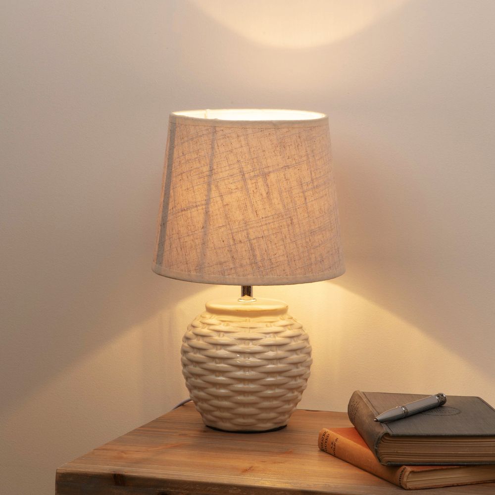 Basket Weave Table Lamp with Beige Linen Shade - 33cm