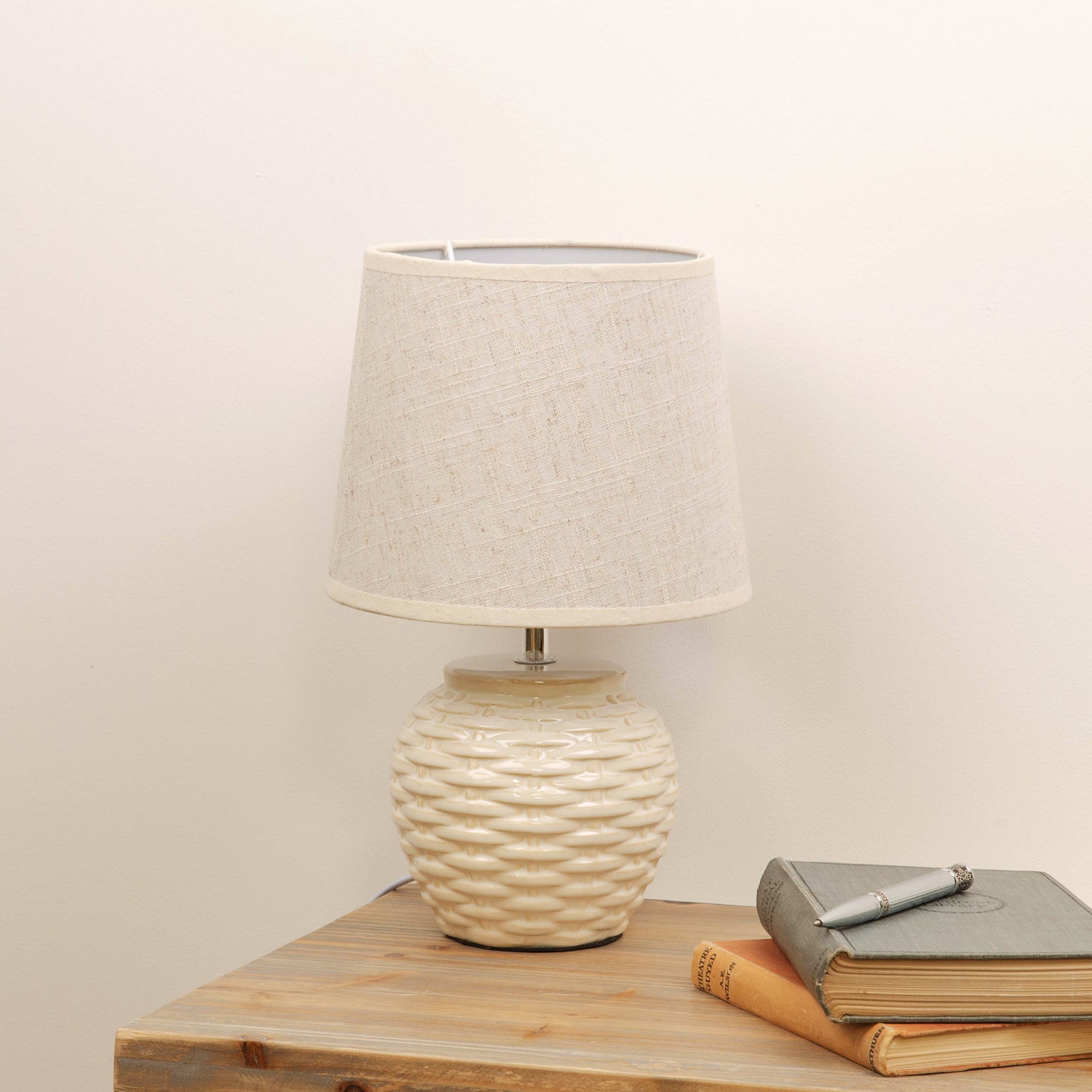 Basket Weave Table Lamp with Beige Linen Shade - 33cm