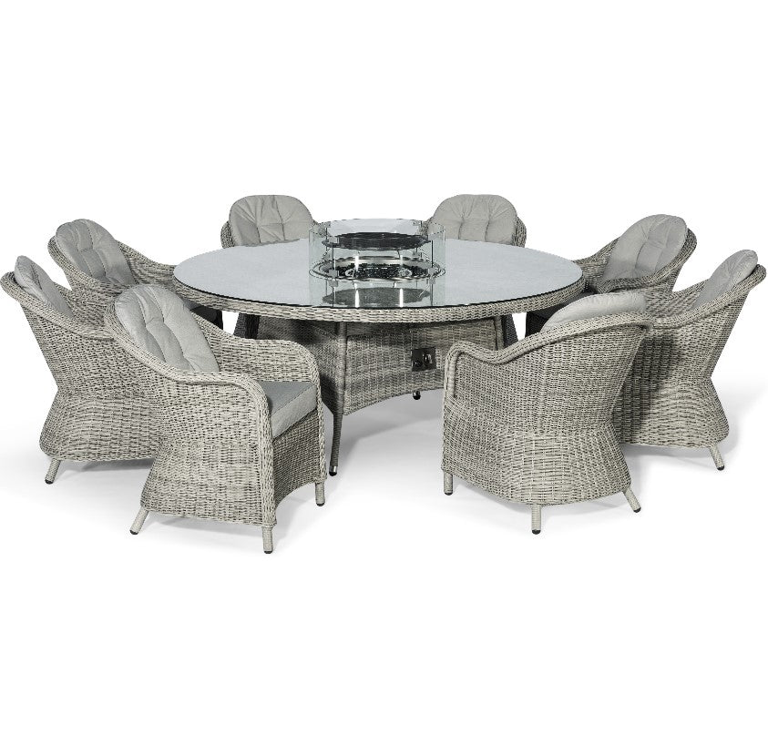 Oxford 8 Seat Rattan Round Fire Pit Dining Set with Heritage Chairs and Lazy Susan