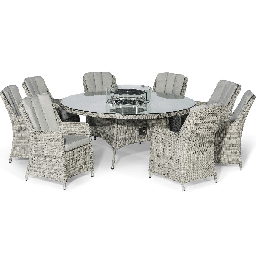 Oxford 8 Seat Rattan Round Fire Pit Dining Set with Venice Chairs and Lazy Susan