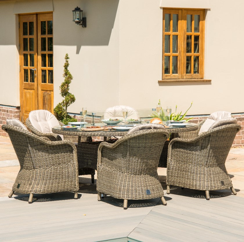 Winchester 6 Seat Oval Fire Pit Rattan Dining Set with Heritage Chairs