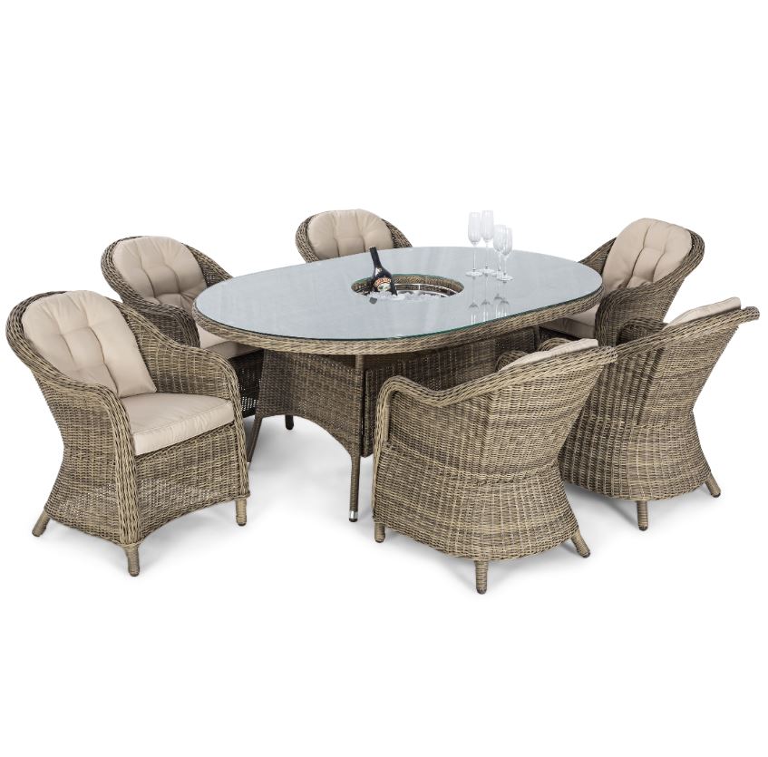 Winchester 6 Seat Oval Ice Bucket Rattan Dining Set with Heritage Chairs Lazy Susan