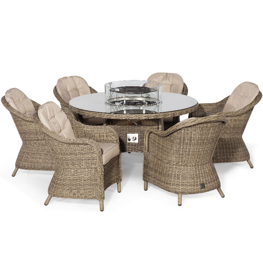 Winchester 6 Seat Round Fire Pit Rattan Dining Set with Heritage Chairs and Lazy Susan