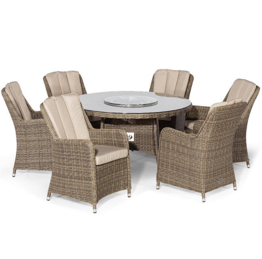 Winchester 6 Seat Round Fire Pit Rattan Dining Set with Venice Chairs and Lazy Susan