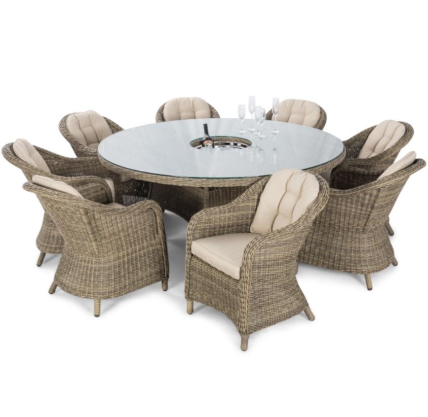 Winchester 8 Seat Round Ice Bucket Rattan Dining Set with Heritage Chairs Lazy Susan
